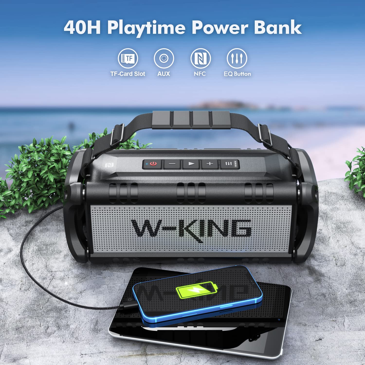 W King Bluetooth Speaker, 90W Peak 50W Rms Powerful Bluetooth Speaker Loud Ipx6 Waterproof, Large Outdoor Portable Speaker Wireless Deep Bass/Bluetooth 5.0/Power Bank/40H Playtime/Tf Card/Aux/Nfc/Eq