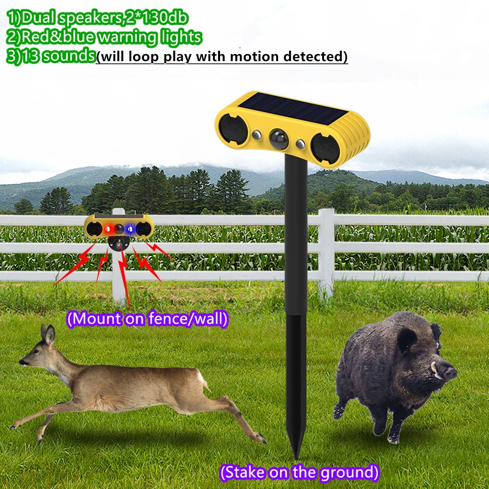 Hulppre Solar Outdoor Motion Sensor Alarm-13 Sounds Including Dog Barking&Gunshot,2 * 130Db Loud Noise Maker,4 Modes,Red&Blue Mo