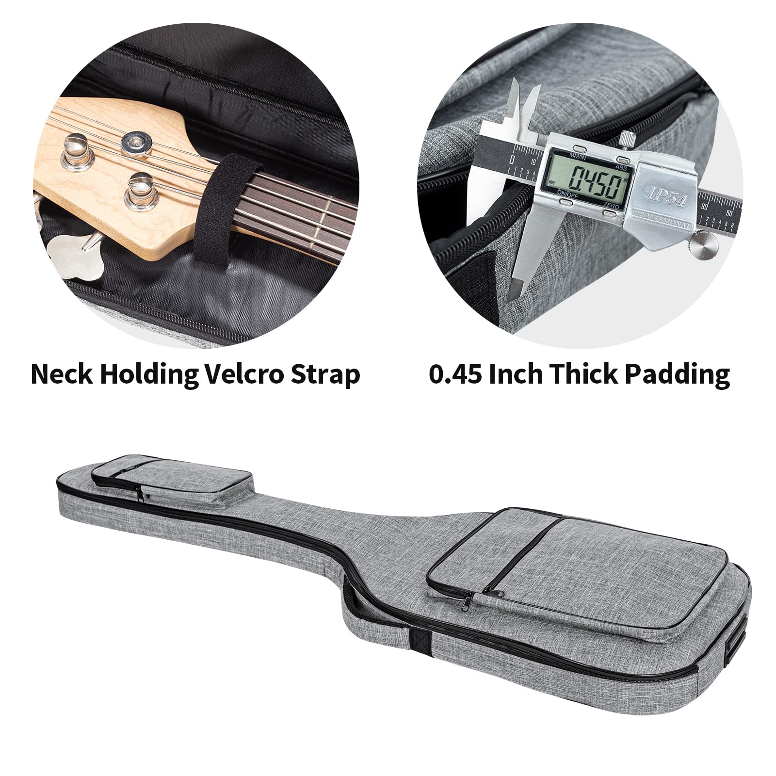 Muscab 47 Inch Bass Gig Bag 11Mm Padding Electric Bass Guitar Bag, Bass Guitar Case Backpack With Neck Strap And 4 Pockets, Grey