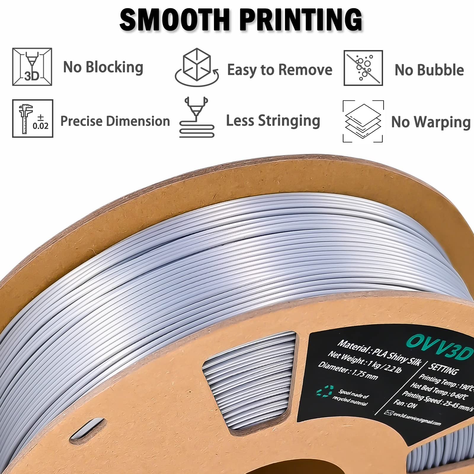 Ovv3D Silk Pla Filament 1.75Mm, Upgrade Silver Pla Filament 3D Printer Filament, Silk Silver Metal 3D Printing Filament, 3D Fila