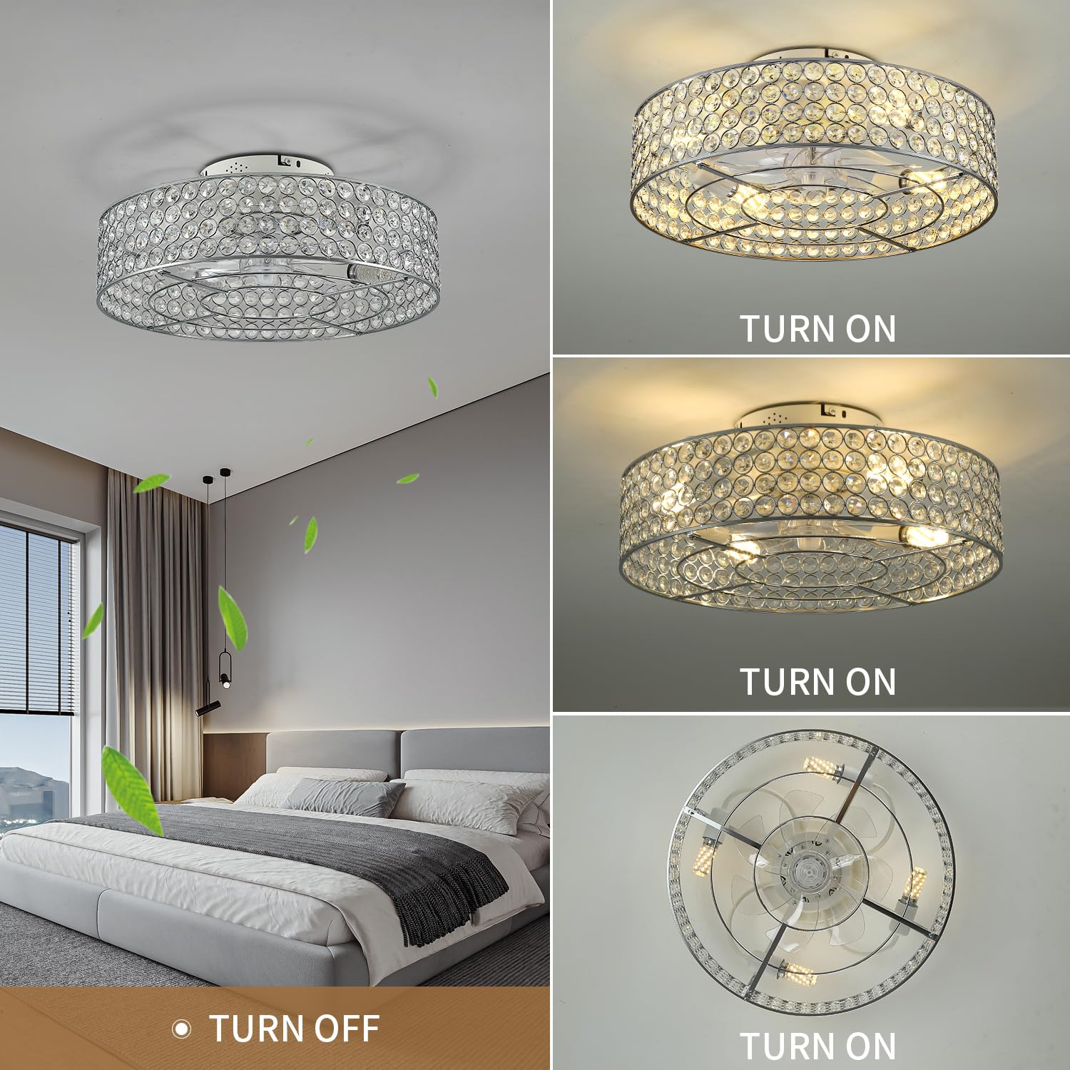 Hueoczw Modern Low Profile Ceiling Fans With Lights And Remote, 20 Inch Crystal Bladeless Flush Mount Caged Ceiling Fan For Bedr