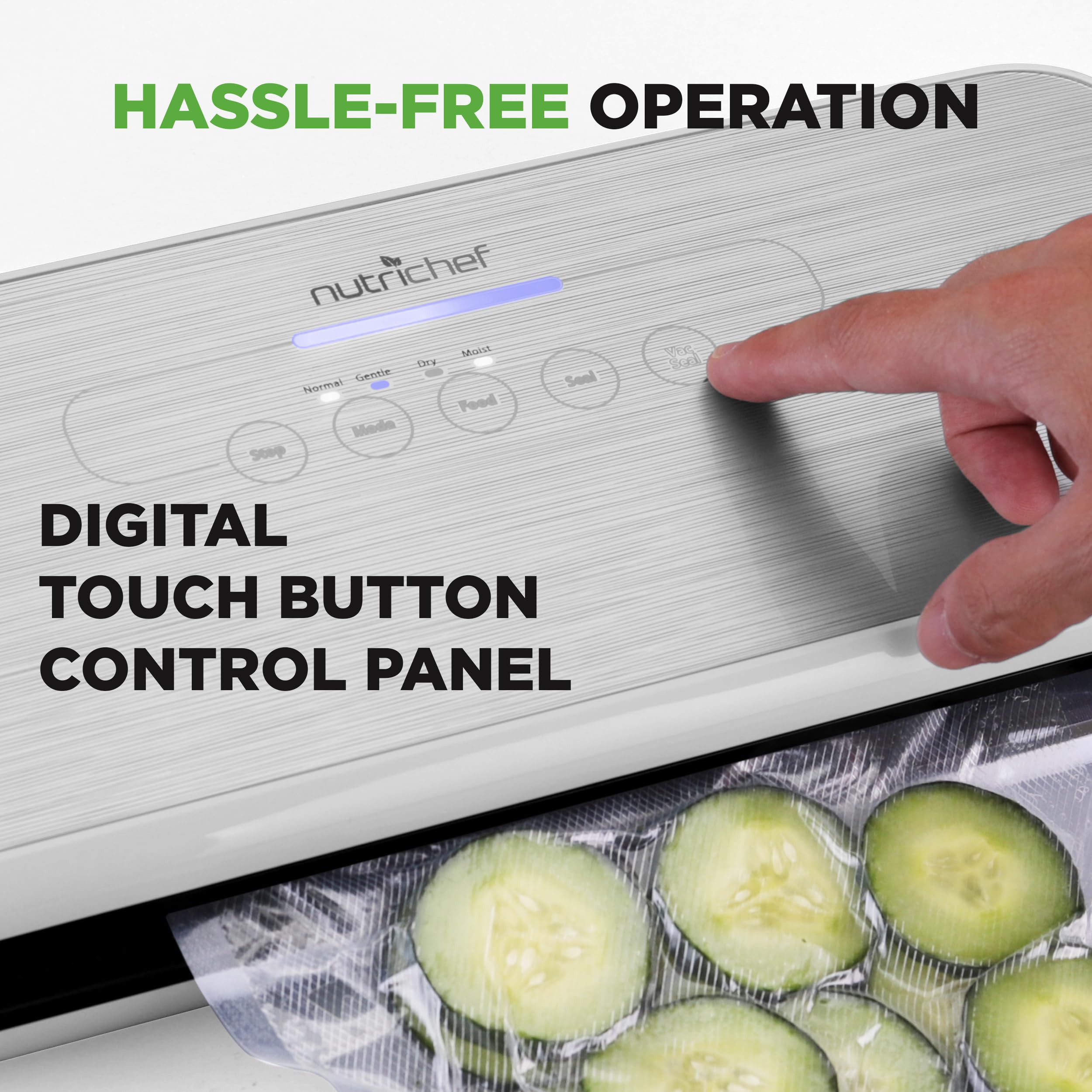 Nutrichef Vacuum Sealer Machine   Compact Silver Vacuum Sealing System With Dry & Moist Modes, Led Indicators, Starter Kit & Ext