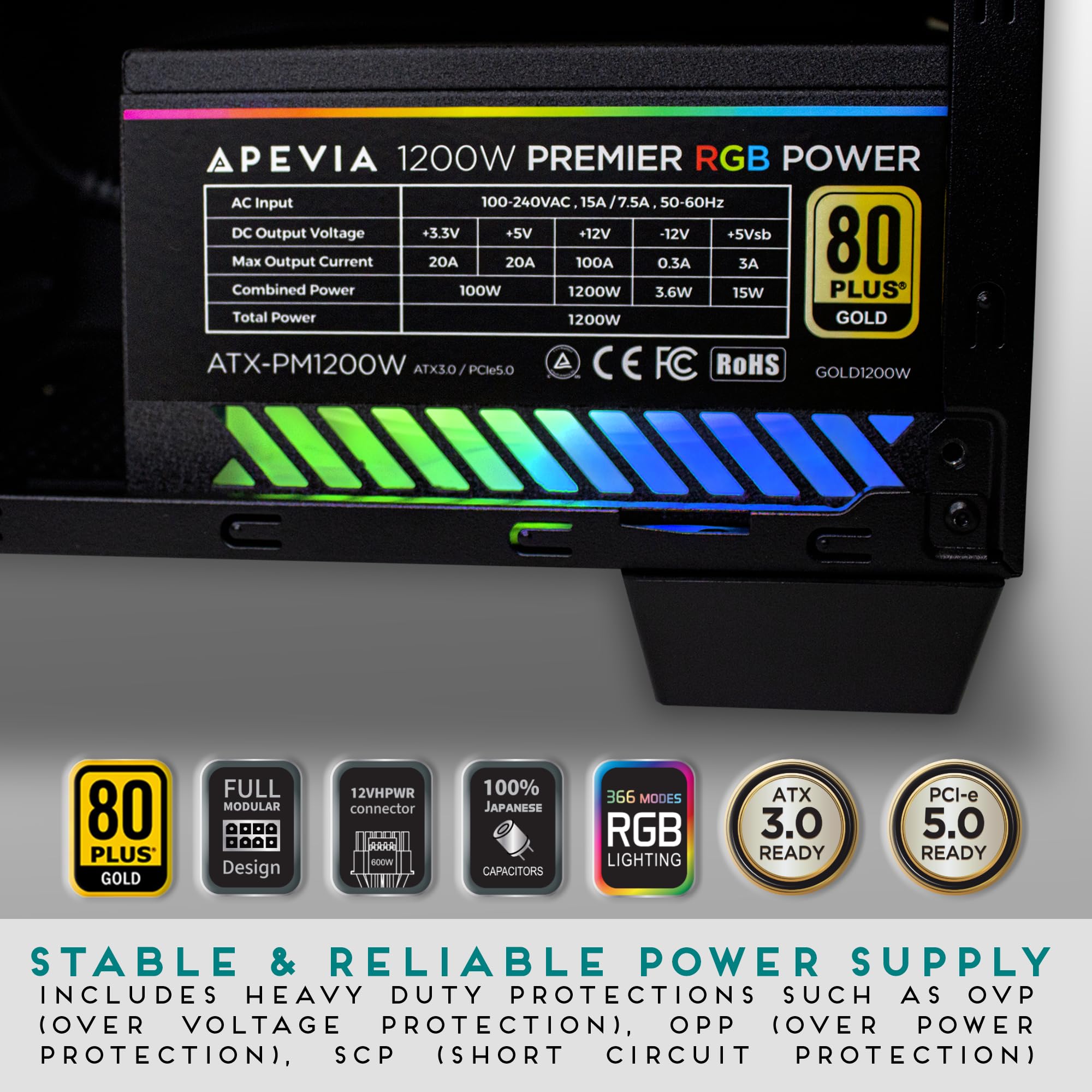 Apevia Atx Pm1200W Premier 1200W Fully Modular 80+ Gold Certified, Pcie 5.0 & Atx 3.0 Ready Active Pfc Atx Rgb Gaming Power Supp