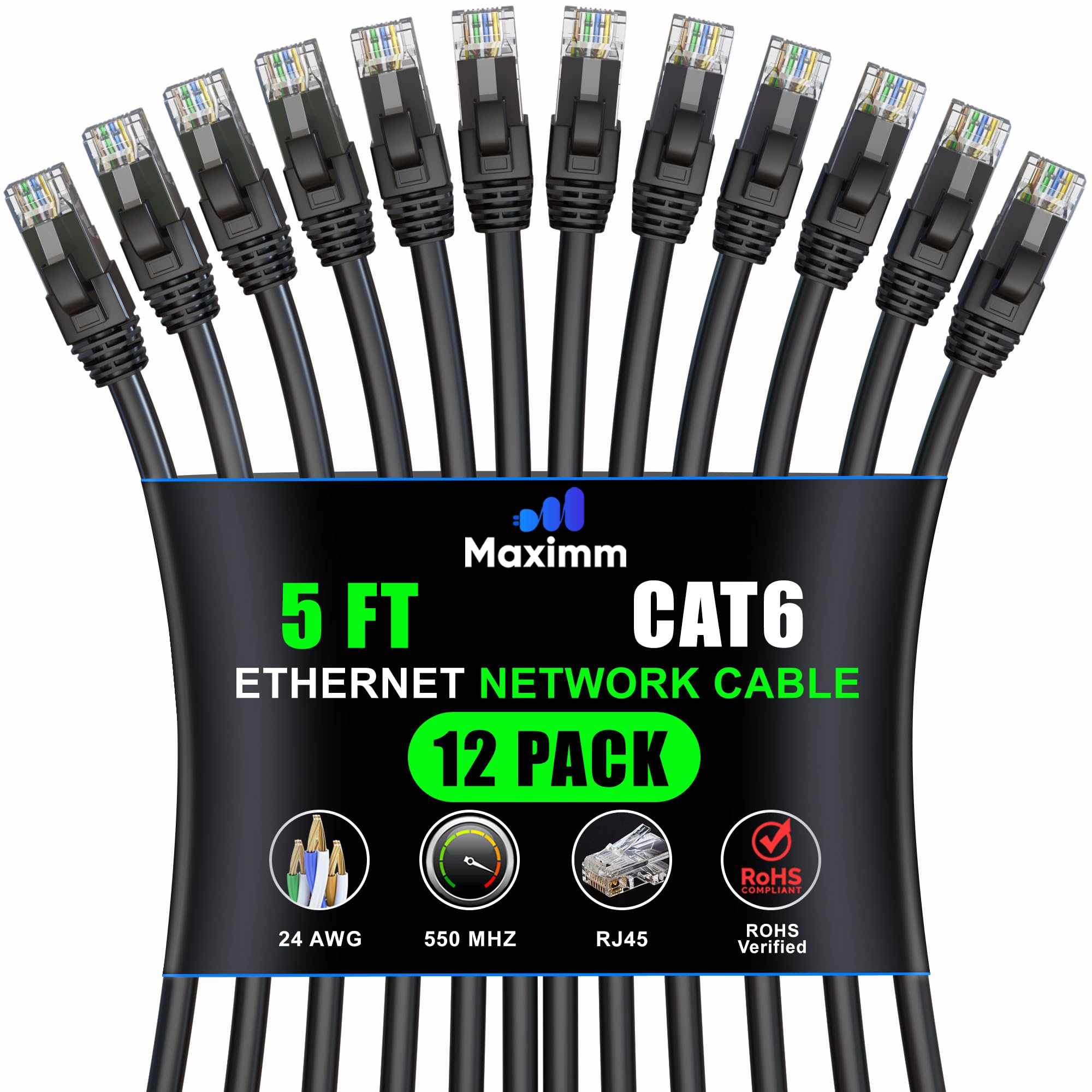 Maximm Cat 6 Ethernet Cable 5 Ft (12 Pack)   High Speed Lan Cable, Internet Cable, Patch Cable, And Network Cable   Utp, 10Gbps, 550Mhz Ethernet Cord   Black