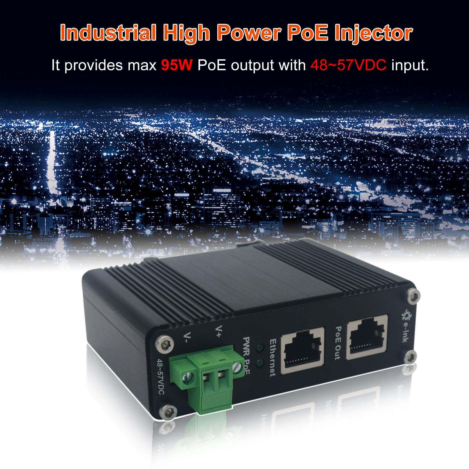 E Link Industrial Gigabit Poe++ Injector 48V Dc Poe++ 95W Up To 100 Meters Output Din Rail Mount Hardened High Power Poe Adapter