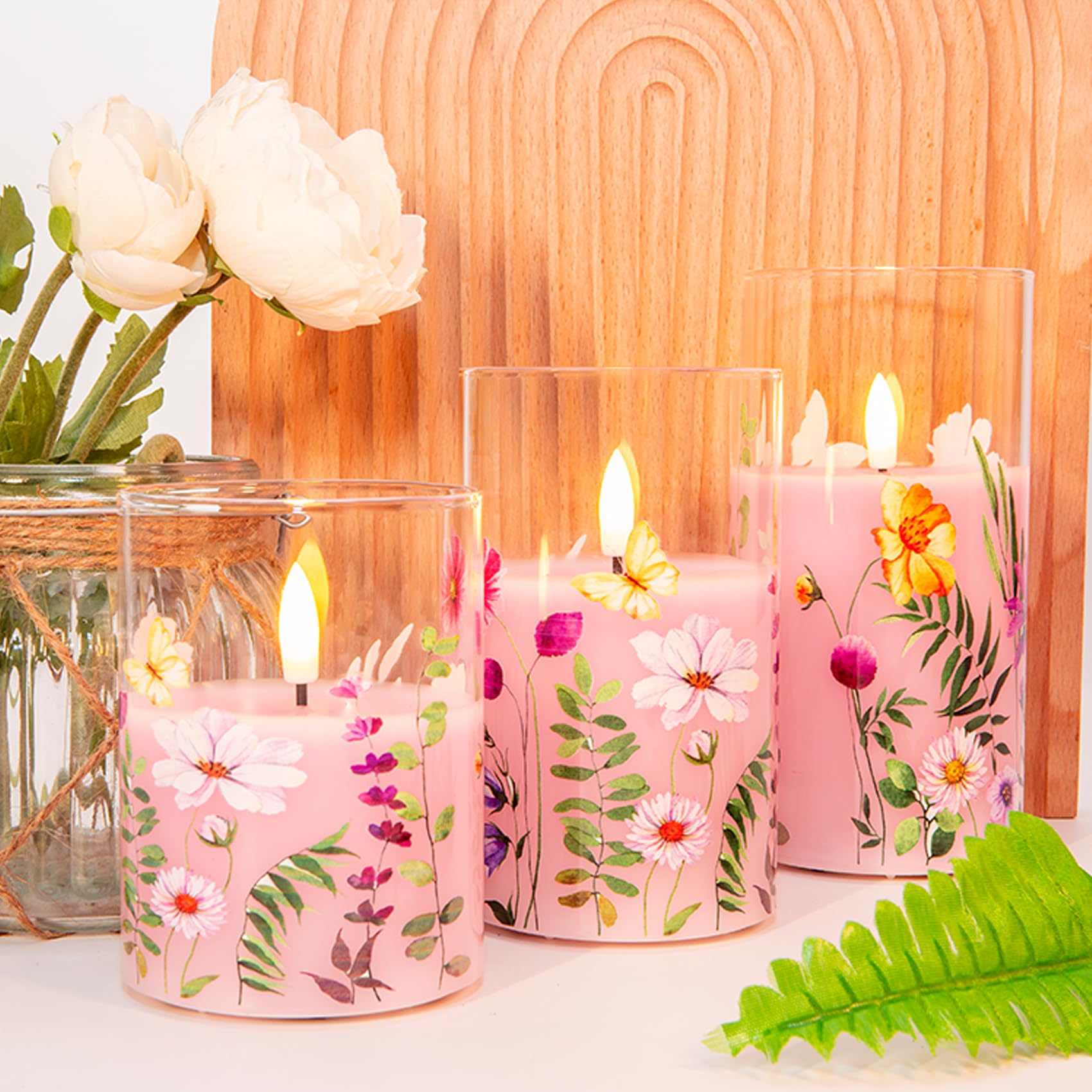 Eywamage Pink Floral Flameless Candles In Glass Jars, Flickering Battery Led Pillar Candles With Remote Set Of 3