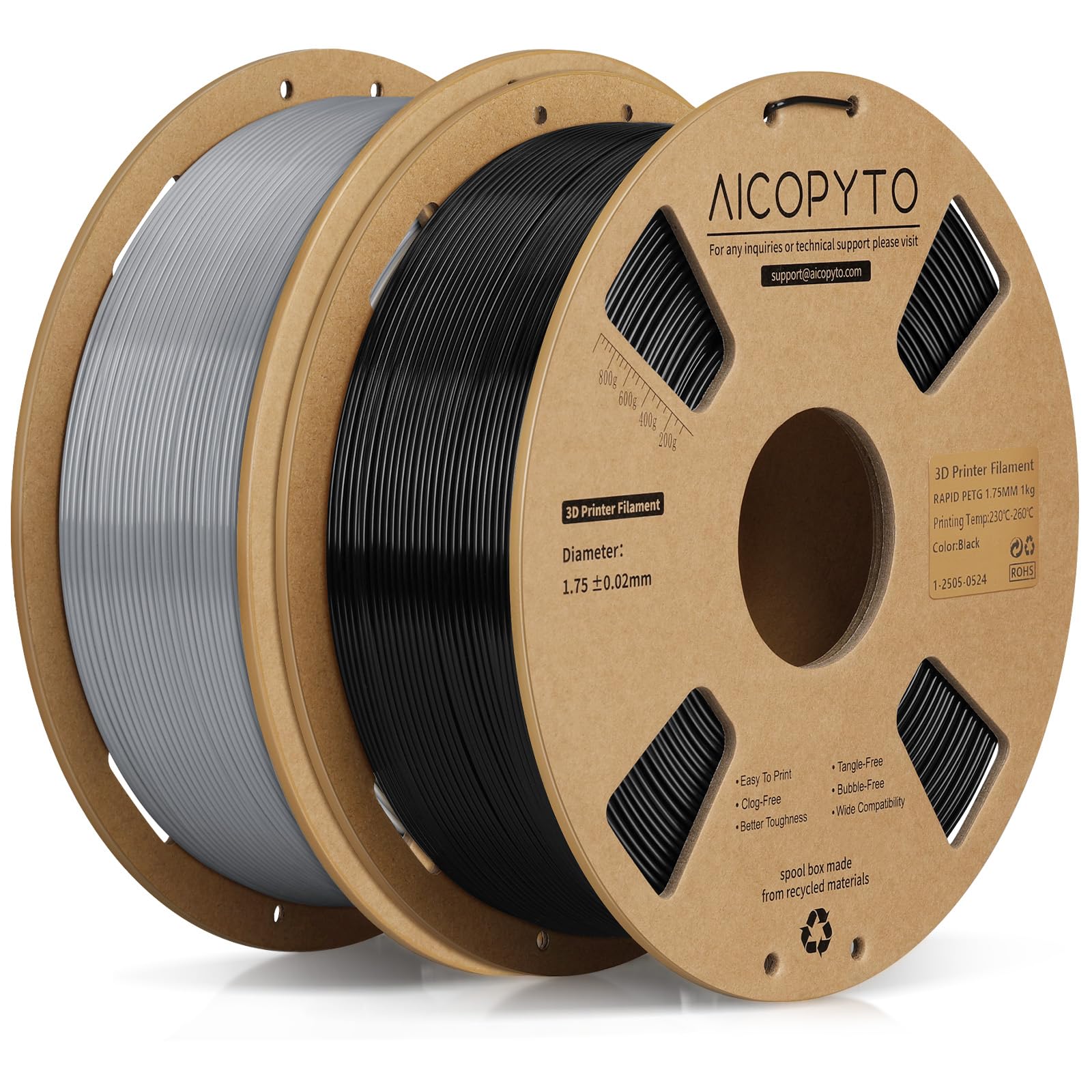 AICOPYTO Rapid PETG Filament 2KG Black&Grey, High Speed 30-600mm/s 3D Printer Filament PETG 1.75mm Dimensional Accuracy +/- 0.02