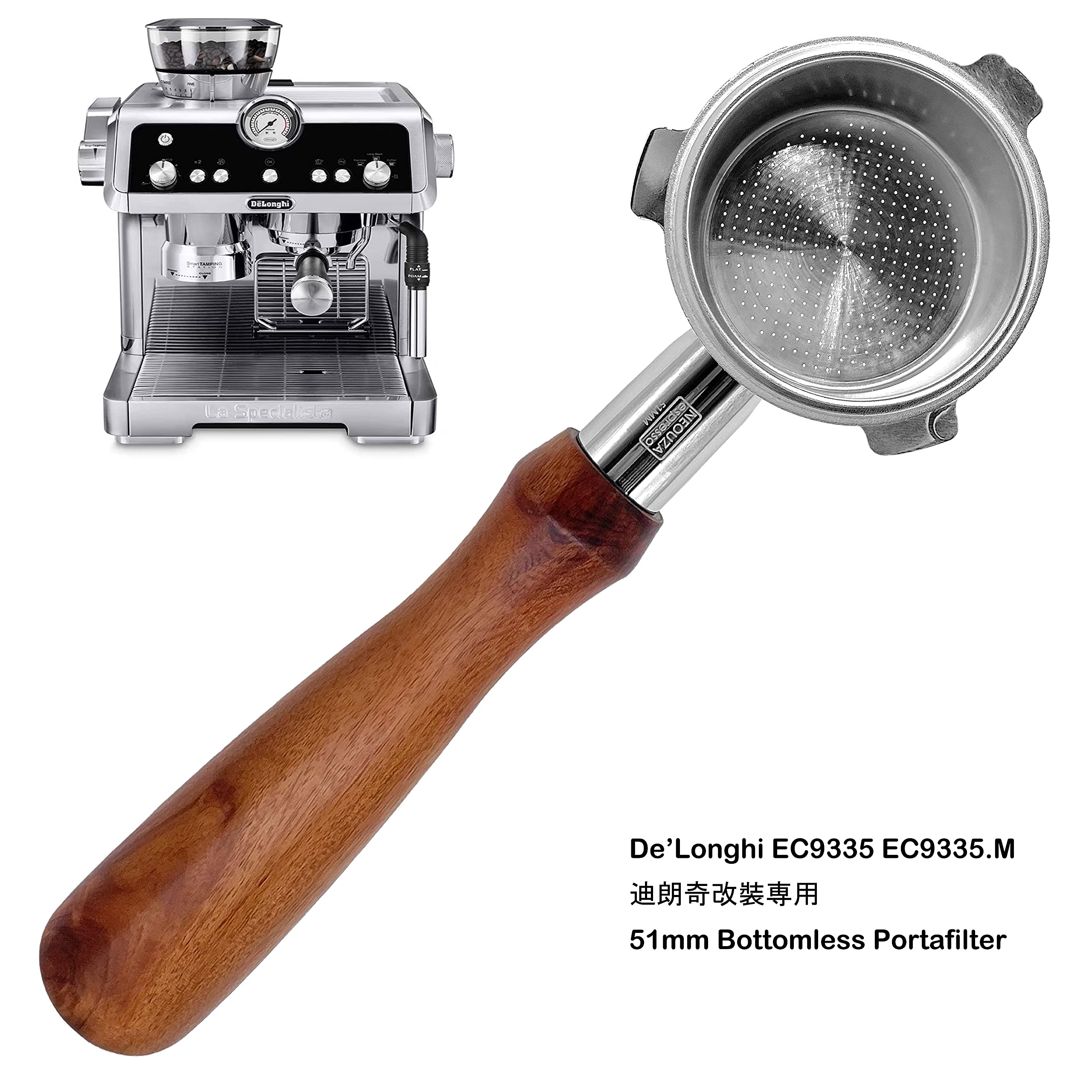 NEOUZA 51mm Bottomless Portafilter for De'Longhi La Specialista EC9155 9335 9355 9665 - Perfect Espresso Extraction Tool