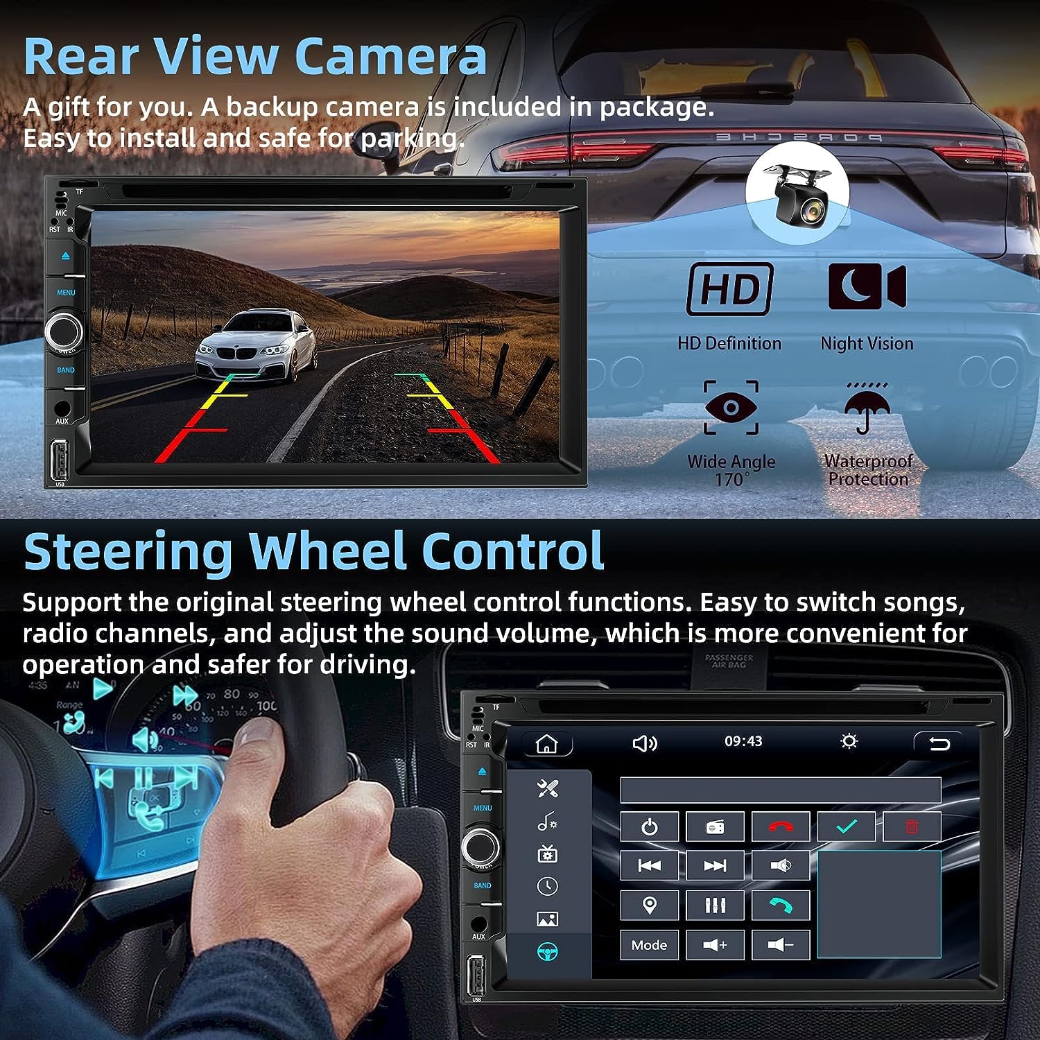 Double Din Car Stereo With Cd/Dvd Player  Carplay & Android Auto, Car Audio With Bluetooth, 7 Inch Hd Touchscreen, Rear Camera,