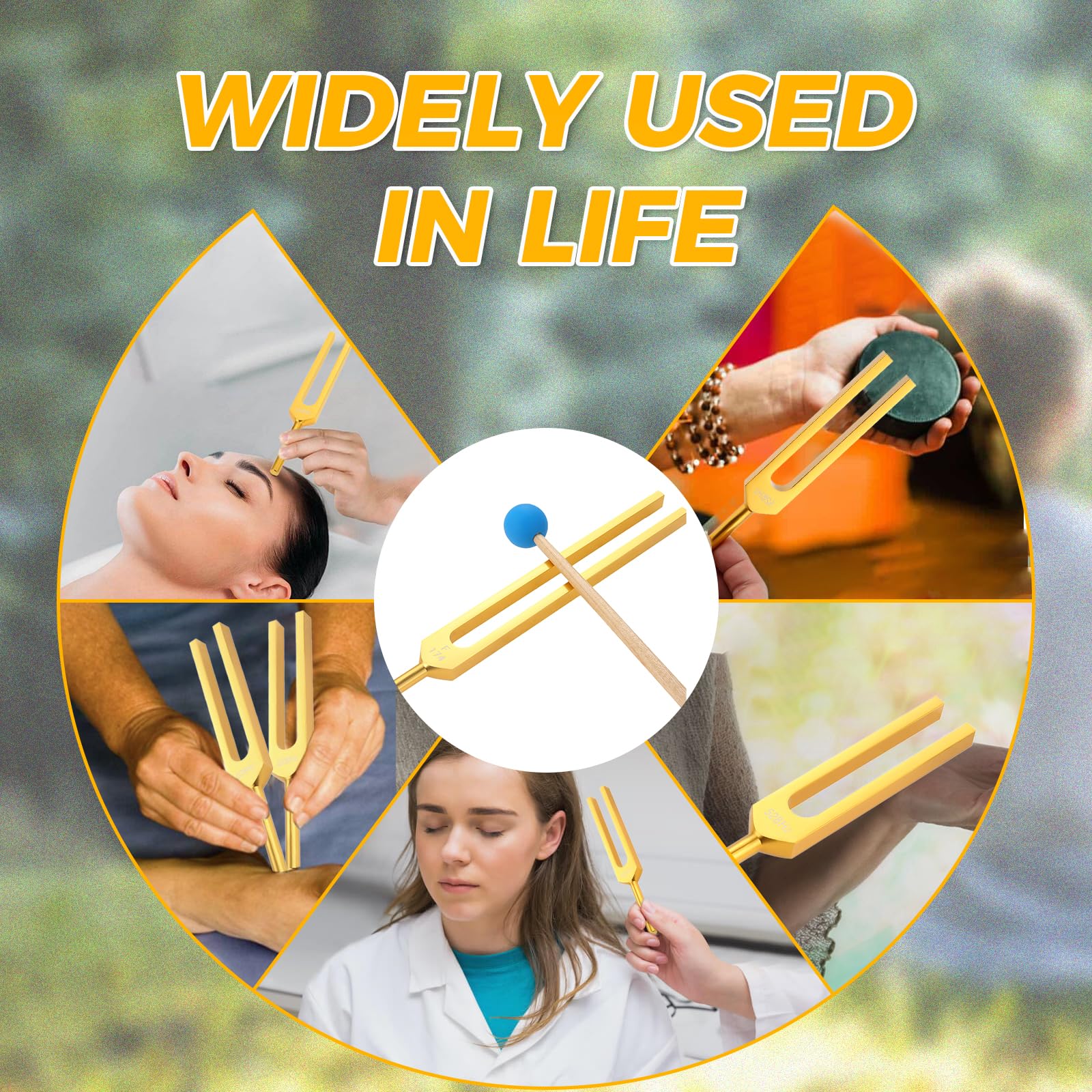 Solfeggio Tuning Fork Set, Golden 9 Tuning Forks With Rubber Hammer And Bag (174 Hz, 285 Hz, 396 Hz, 417 Hz, 528 Hz, 639 Hz, 741