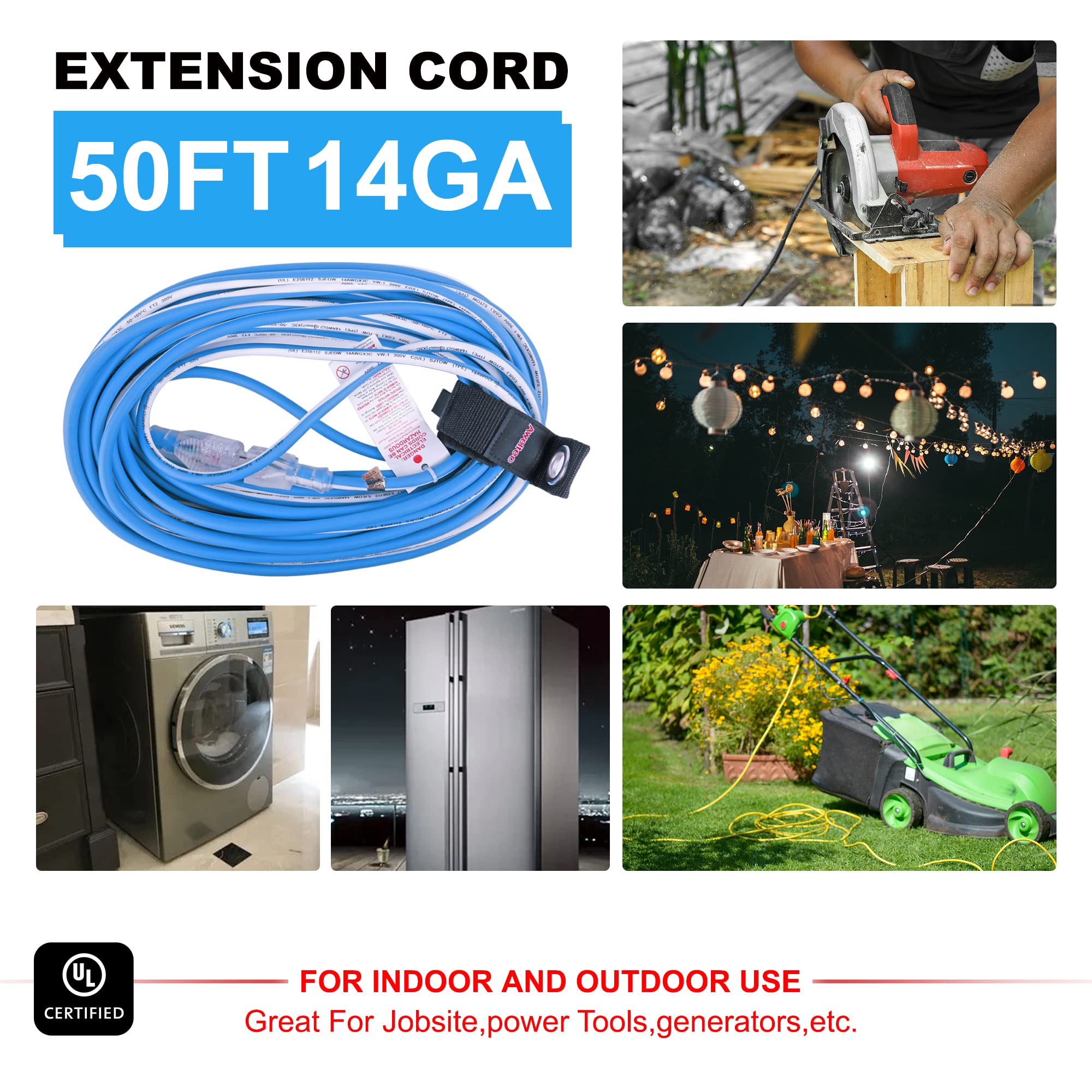 Aweltec Outdoor 14/3 Extension Cord 14Awg 50Ft 15Amp 1875Watts, Tpe Rubber Sjeow ( 58F To +221F) Lighted Power Cord, Blue + Whit