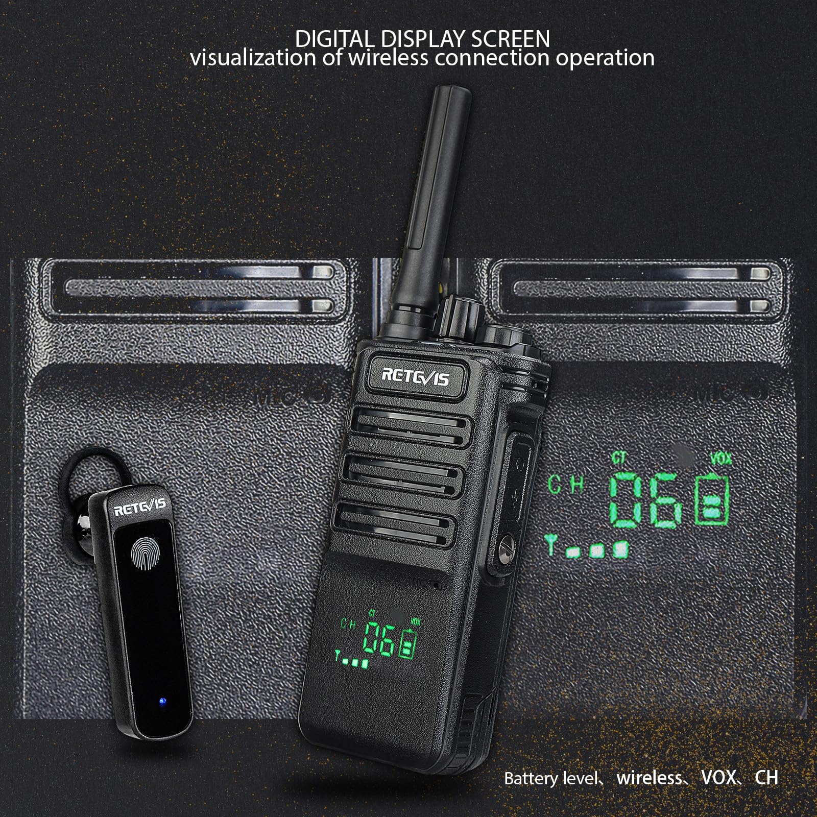 Retevis Rb89 Bluetooth Walkie Talkie, Long Range Two Way Radios,2600Mah Battery, Rechargeable Walkie Talkie,Wireless Earpiece, Vox,Hidden Display Screen For School Church Security(2 Pack)