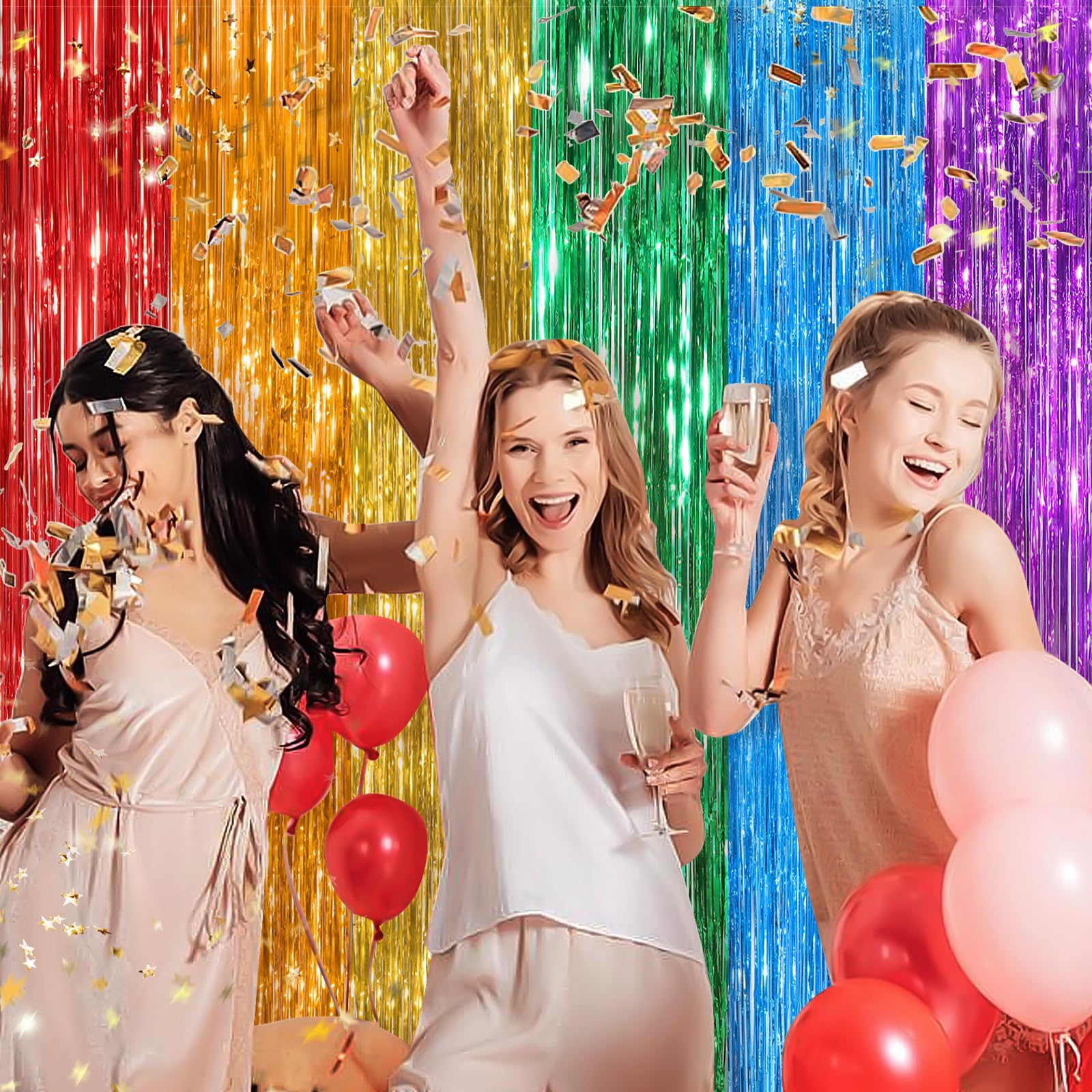 Rainbow Metallic Tinsel Foil Fringe Curtains, 2 Pack 3.3X8.3 Feet Party Streamer For Birthday Party Decorations, Halloween Decor