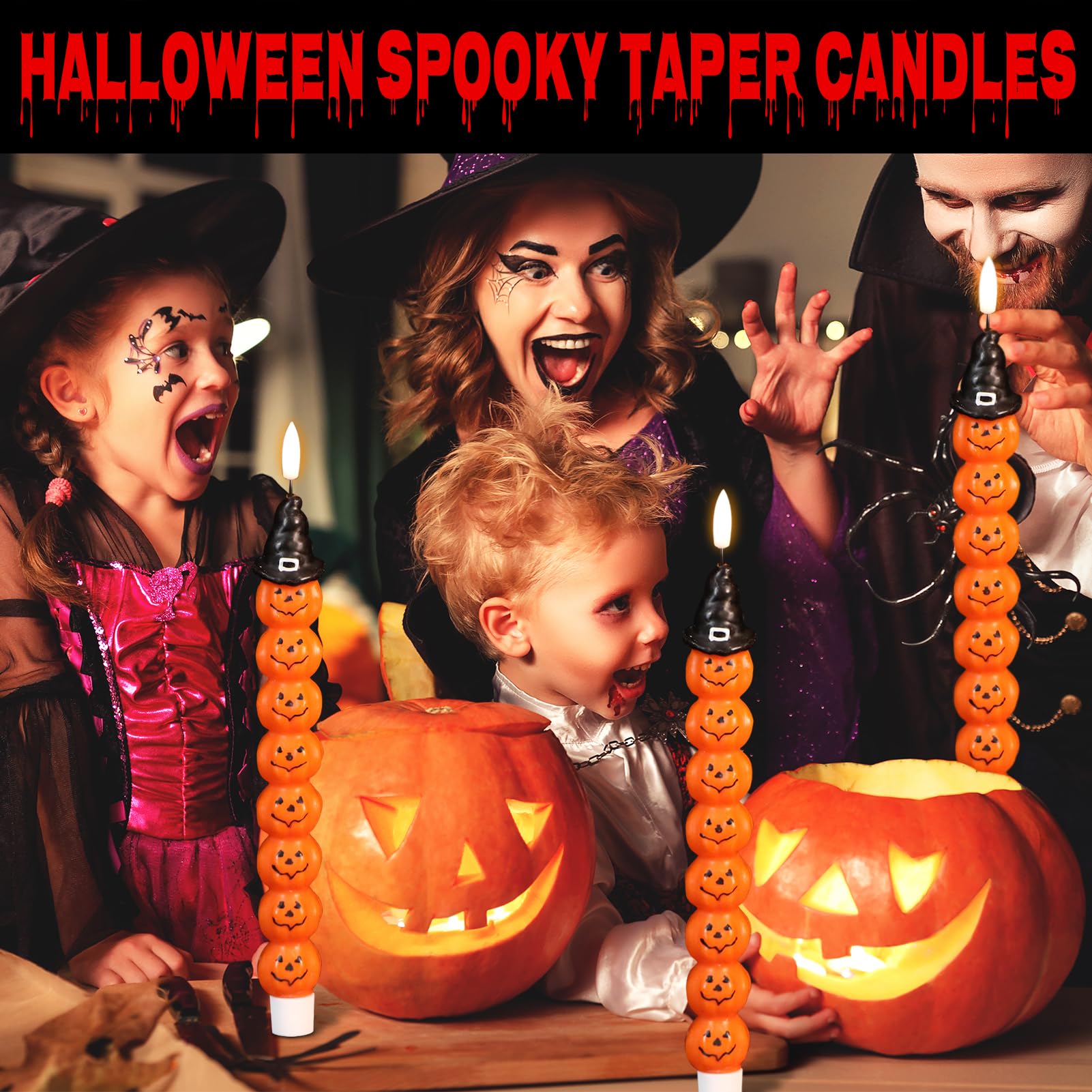 Genswin Halloween Flameless Taper Candles With Timer, 2 Pack Taper Candles Battery Operated, Real Wax Pumpkin Flickering Led Tap