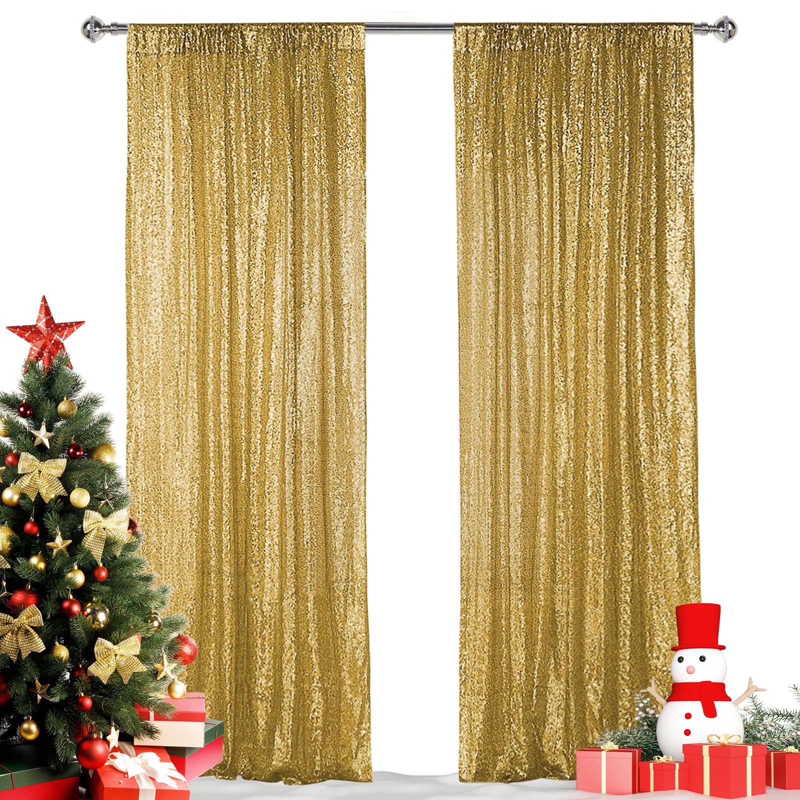 Hahuho Gold Sequin Backdrop Curtain, 2Pcs 2Ftx8Ft Glitter Backdrop Curtain For Parties, Christmas, Wedding, Party Decoration(2 P