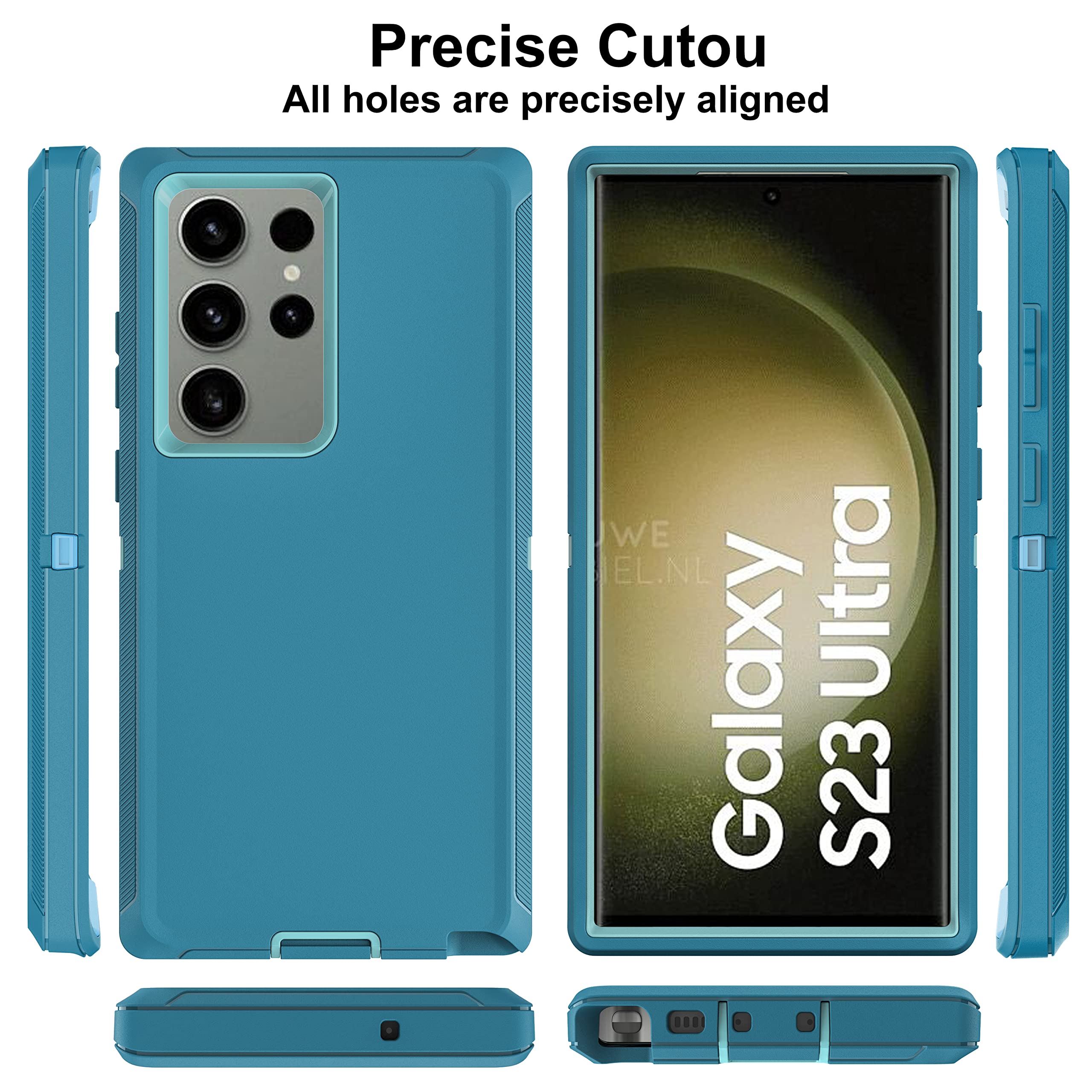 HONG-AMY Samsung Galaxy S23 Ultra Phone Case 3-in-1 Heavy Duty with TPU Screen Protector Silicone PC Blue/Turquoise