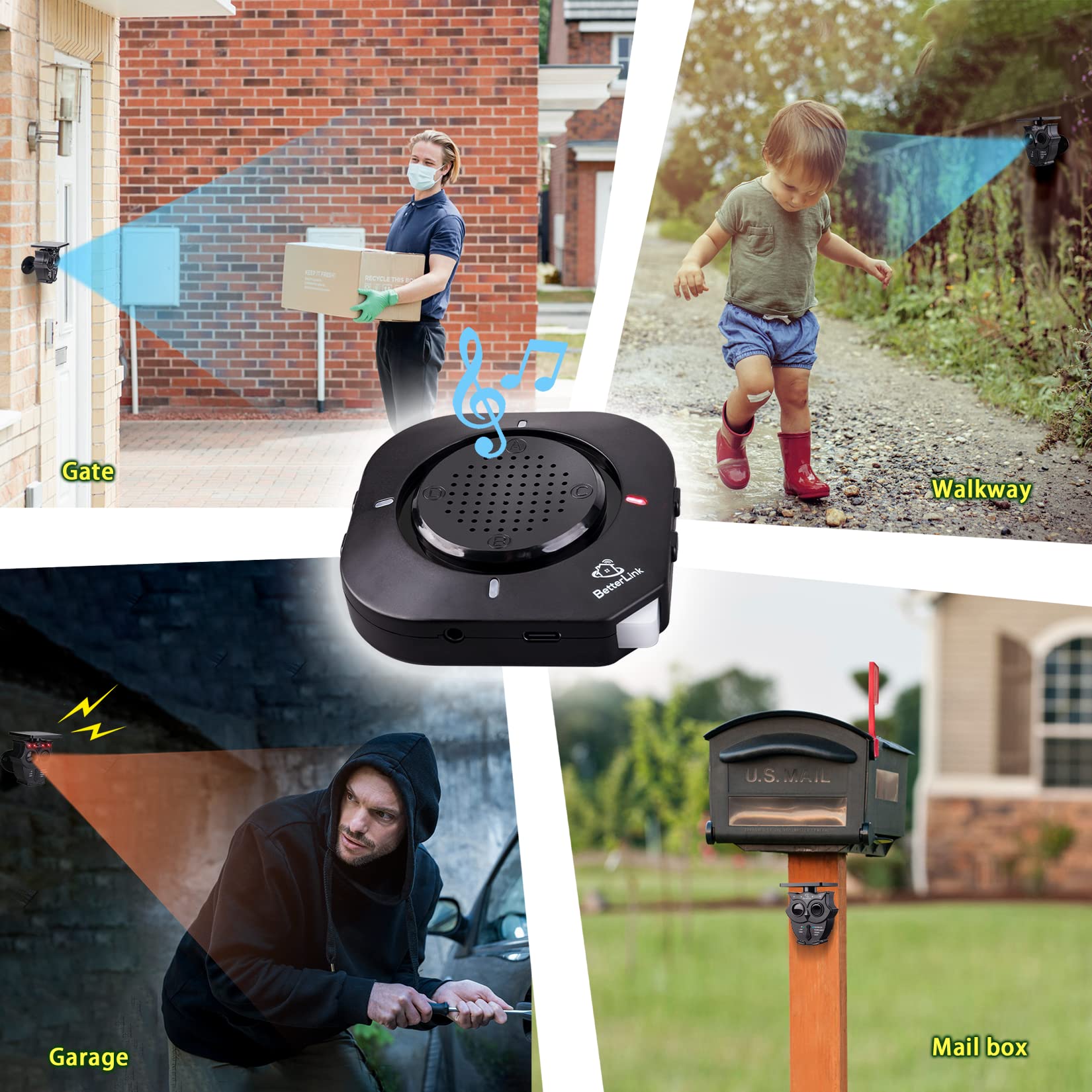 Betterlink Driveway Alarm Systems Weatherproof Outdoor Motion Detector & Sensor With120Db Siren, Sound And Light Alert Systems Makes It Easy To Monitor & Protect Outdoor/Indoor Property(2R1S)