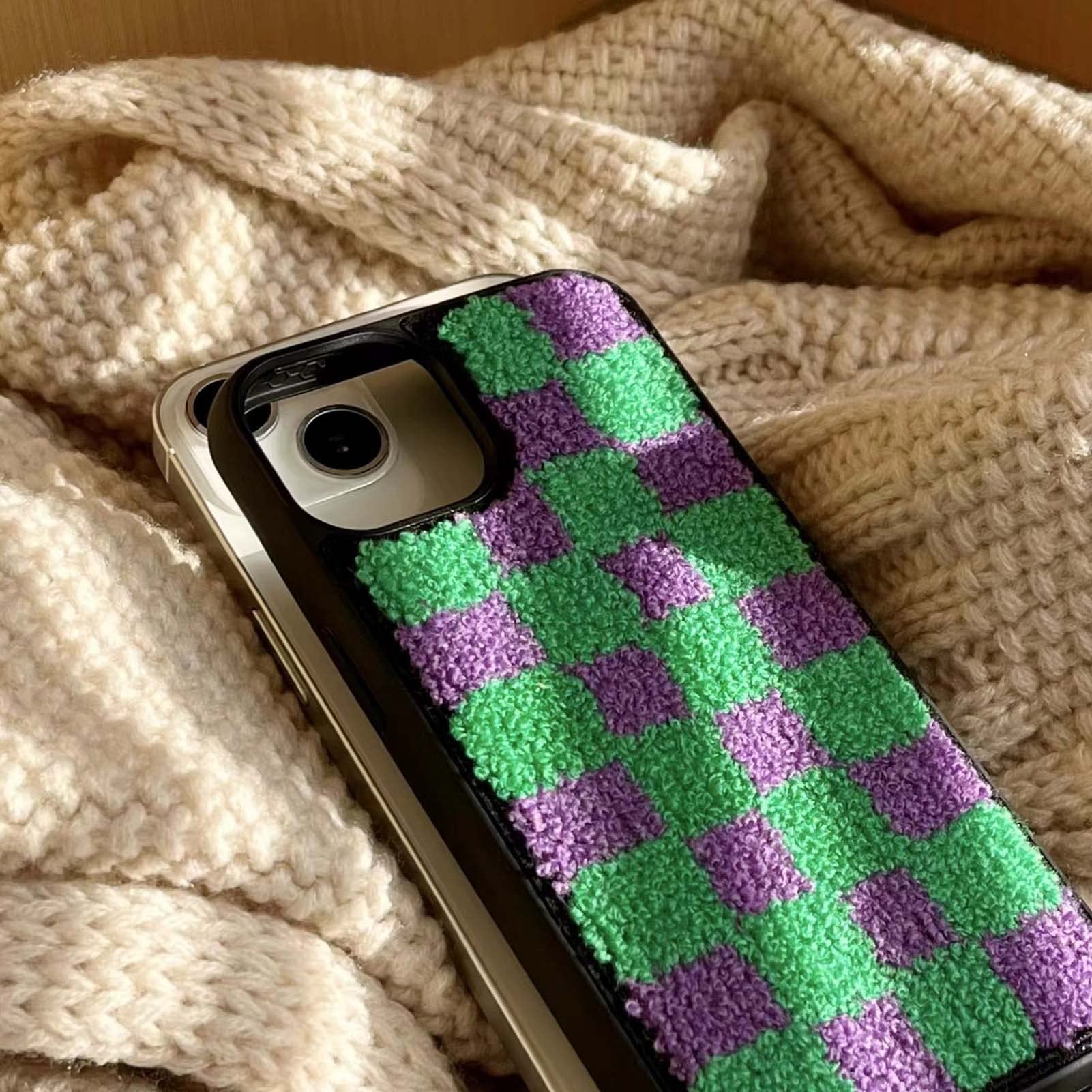 Tewwsdi Checkered Fluffy iPhone 13 Pro Max Case, TPU Terry Velvet Protective Cover, Green Lattice