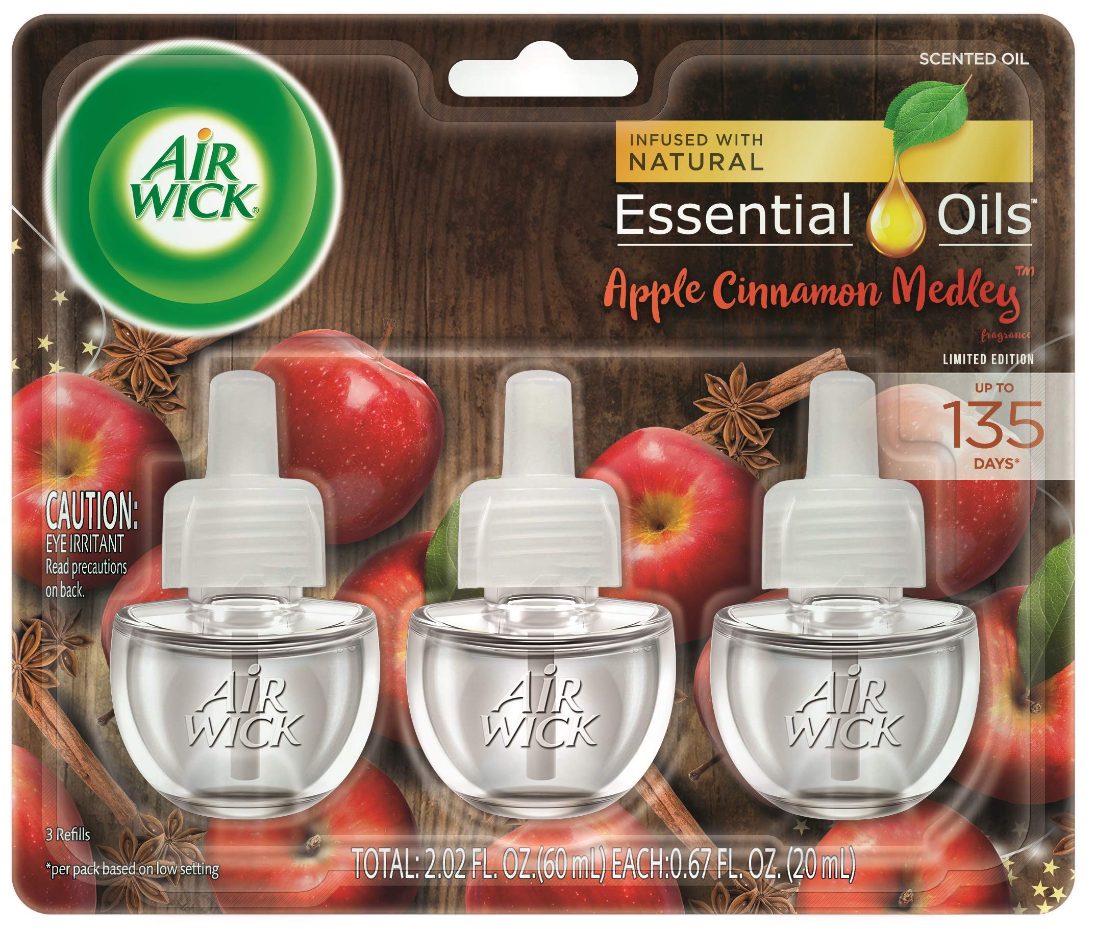 Air Wick Plug In Scented Oil 3 Refills, Apple Cinnamon Medley, Holiday Scent, Holiday Spray, (3X0.67Oz), Essential Oils, Air Fre