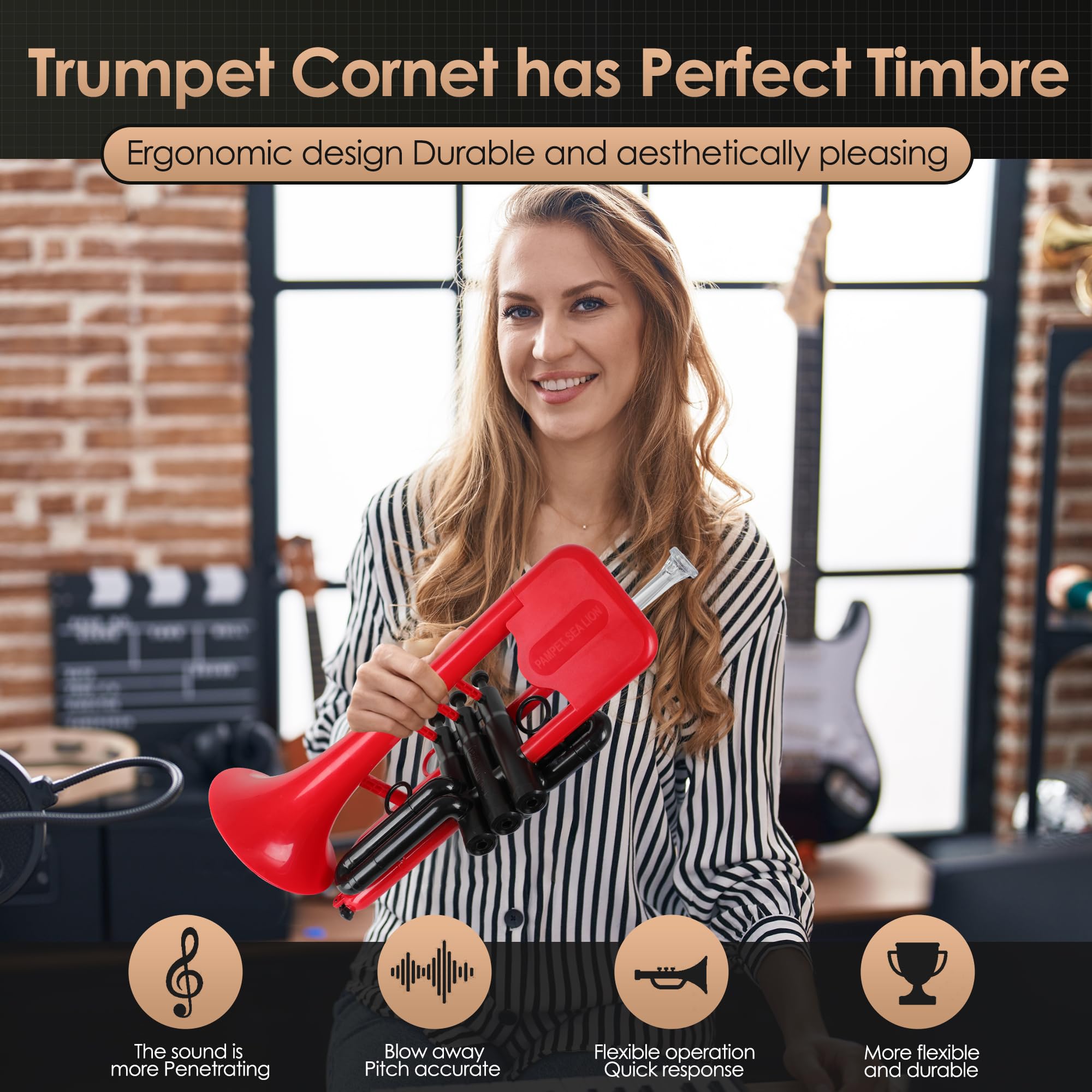 Pampet Sea Lion Professional Plastic Bb Trumpet Standard Trumpets Trumpet Set For Student Beginner Bb Trumpet Instrument (Red)