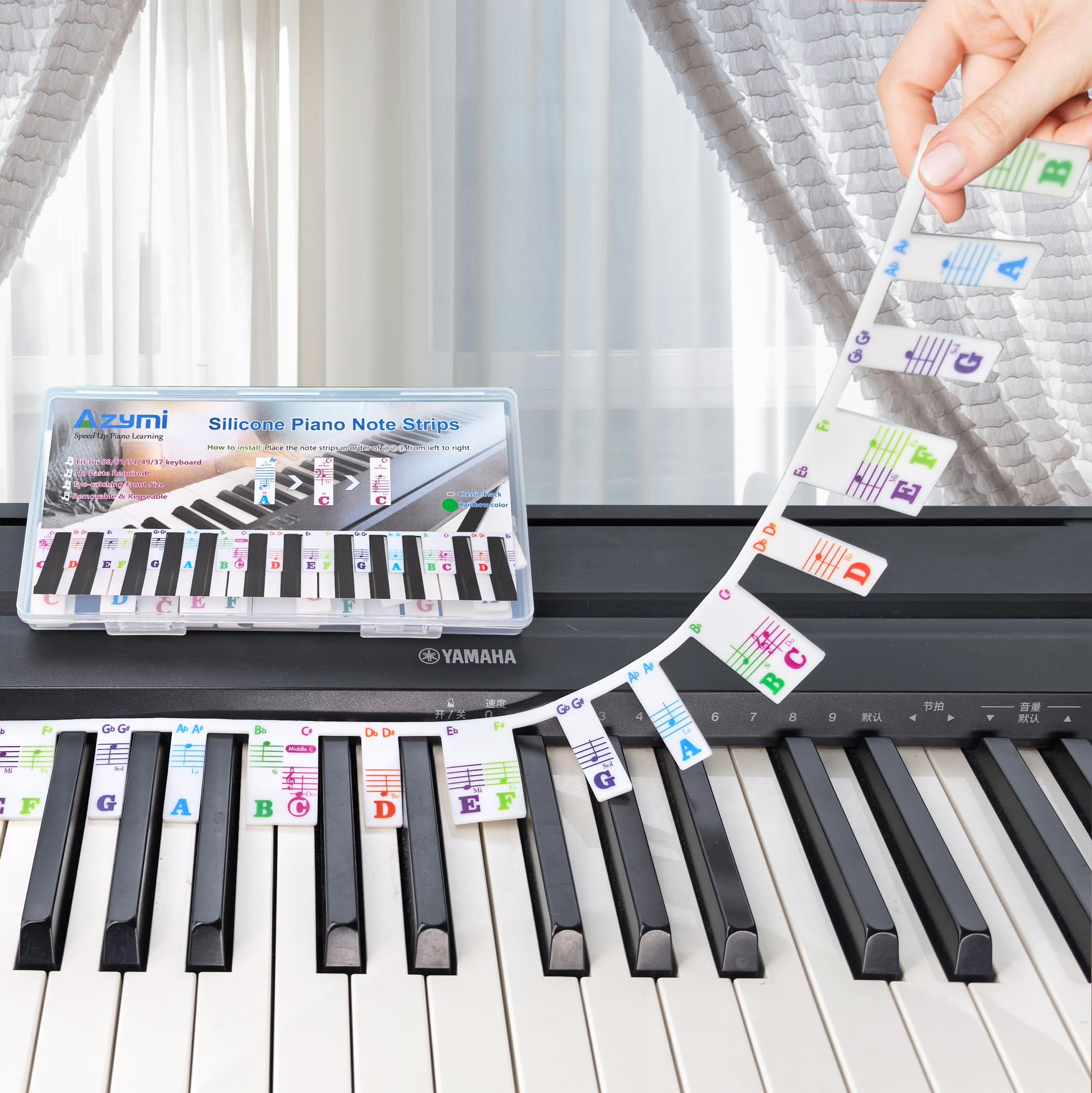 Silicone Piano Key Labels, Azymi Piano Note Guide 88-Key Full Size, Reusable Keyboard Notes Overlay Strips for Beginners with Mu