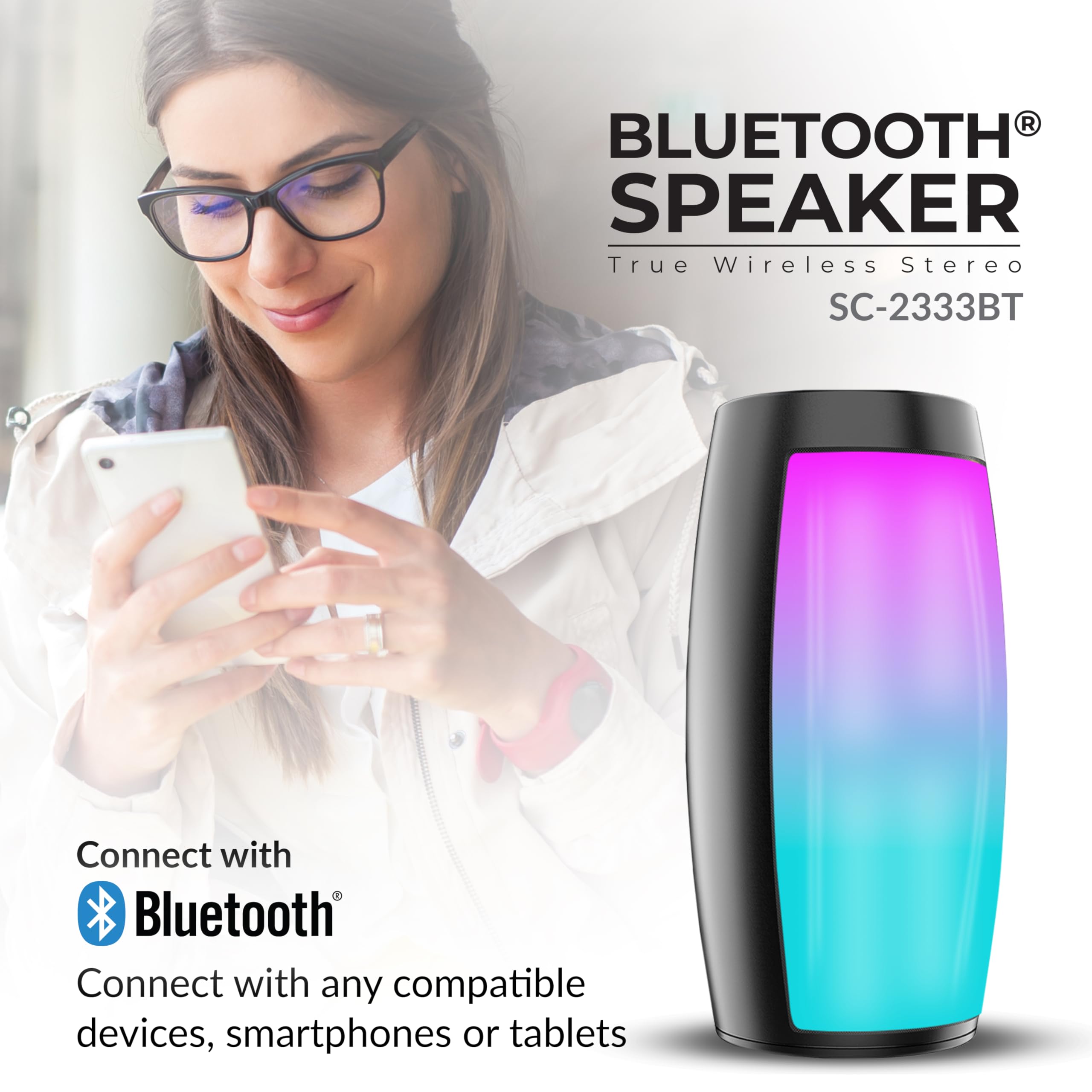 Supersonic Sc-2333Bt Portable Bluetooth Speaker With Rgb Light Panel, True Wireless Stereo, Bluetooth 5.0, Usb/Micro Sd Playback