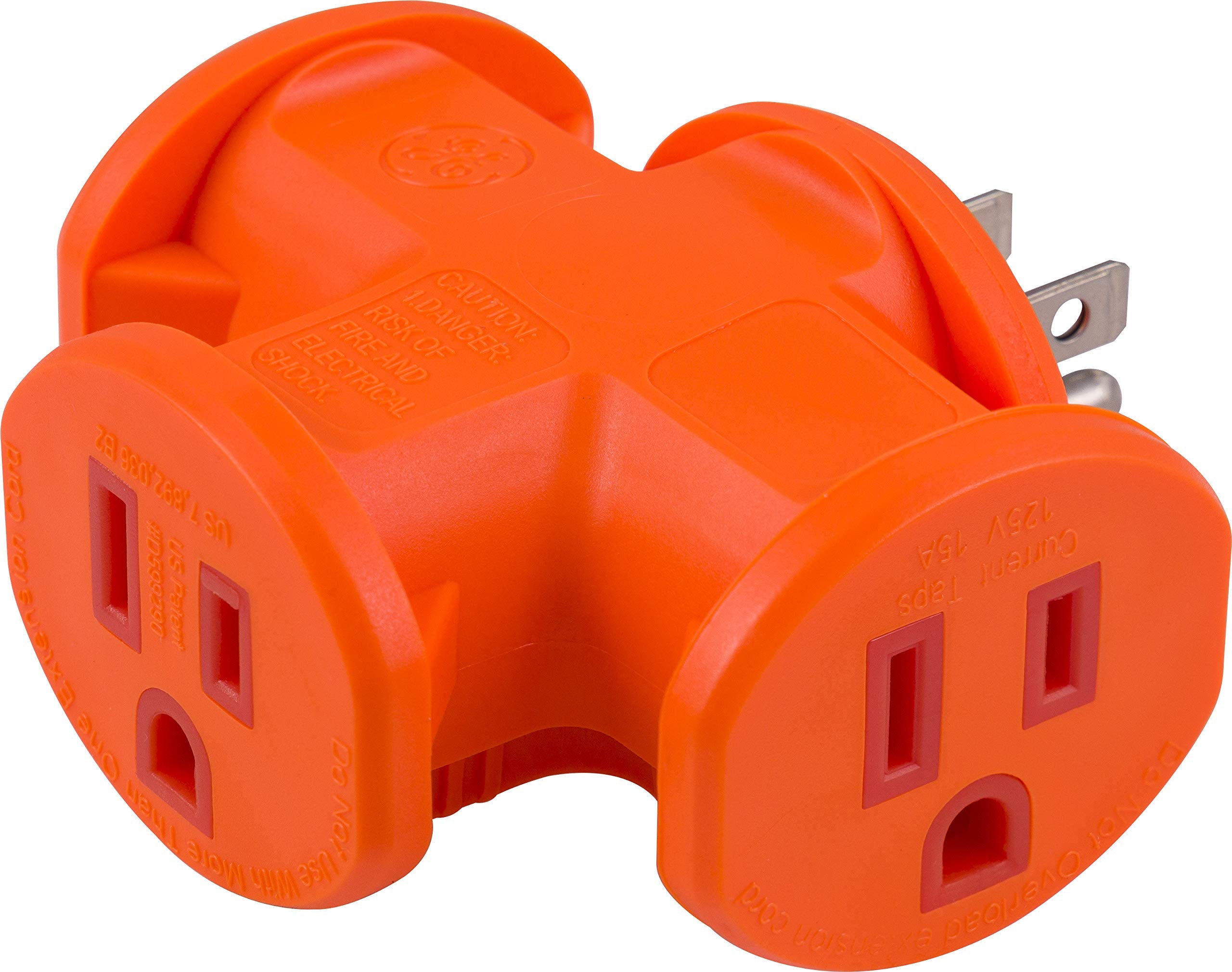 Ge T Shaped 3 Outlet Extender, 3 Prong Power Adapter, Grounded Wall Tap, Heavy Duty, Outdoor, Ul Listed, Orange, 50281