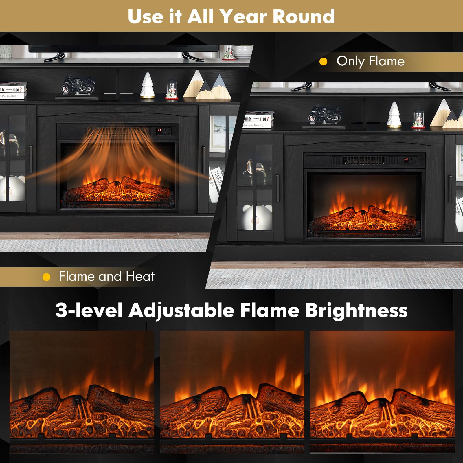 Costway Electric Fireplace Tv Stand For Tvs Up To 65 Inches, 1400W Heater Insert With Remote Control, 6H Timer, 3 Level Flame, Overheat Protection And Csa Certification, Adjustable Shelves, Grey