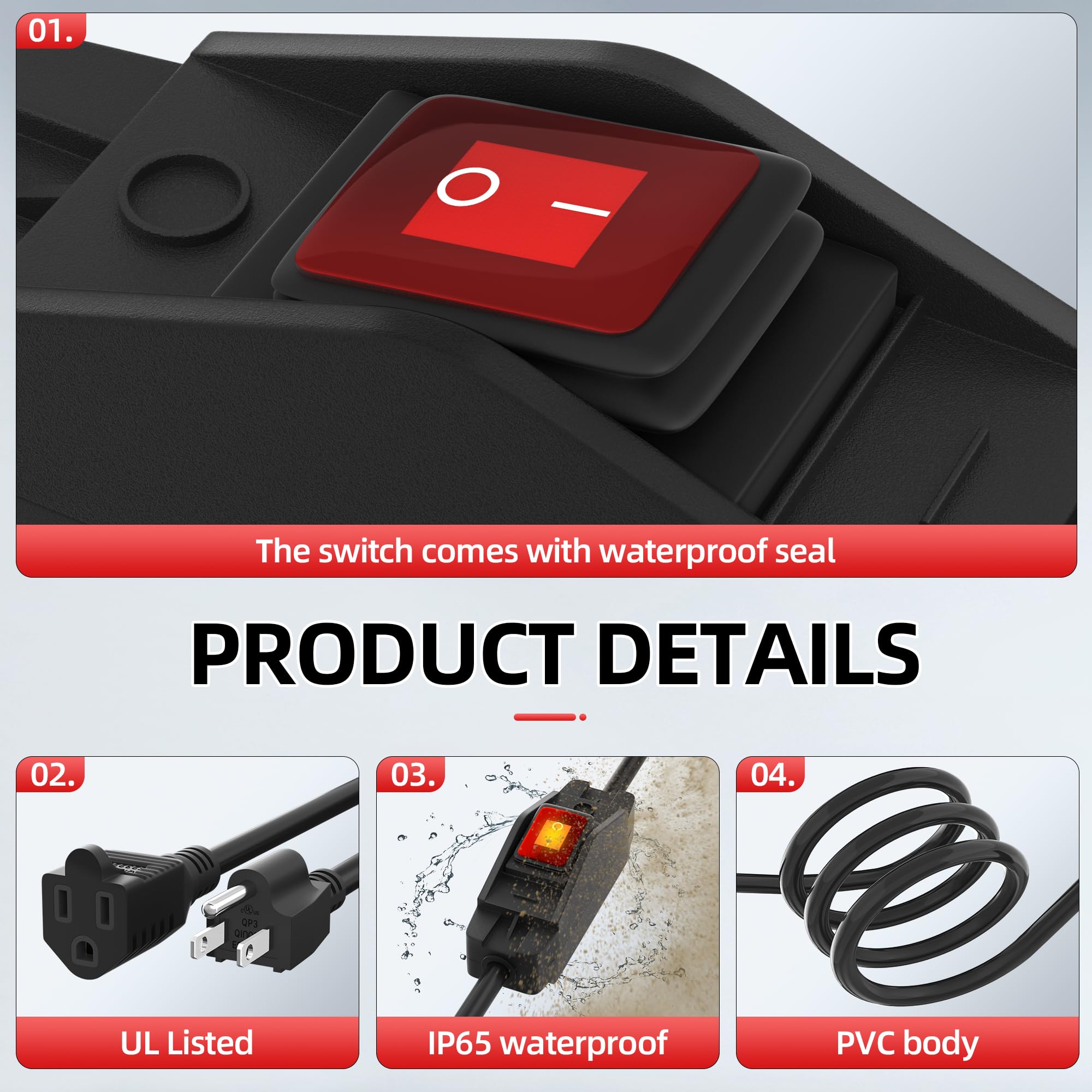 Joinfworld Switched Extension Cord 8 Ft Outdoor 14Awg 3 Prong Extension Cord With Switch On/Off 15A 125V Waterproof Lighted Inli