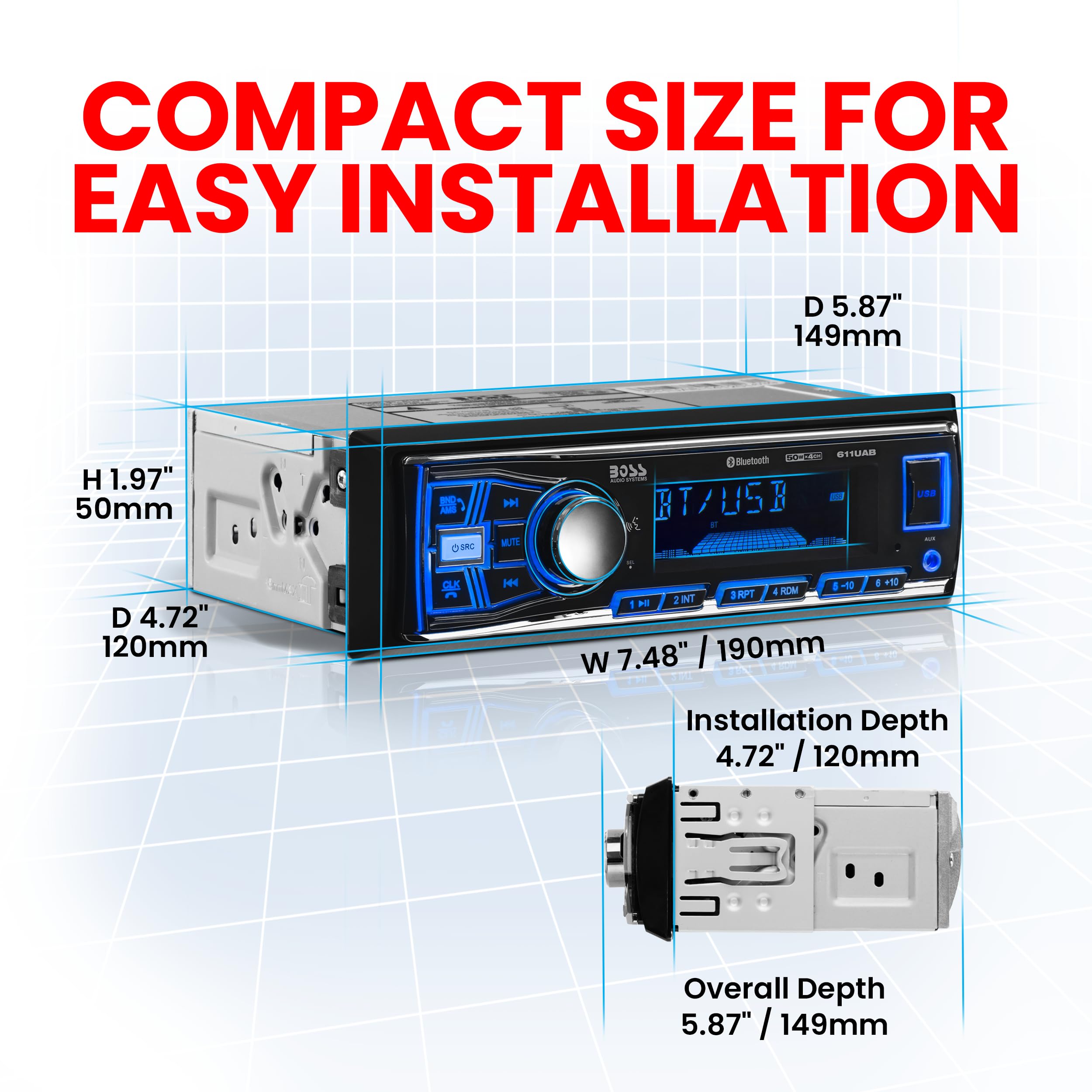 Boss Audio Systems 611Uab Car Stereo System   Single Din, Bluetooth Audio And Calling Head Unit, Aux Input, Usb, Mechless, No Cd