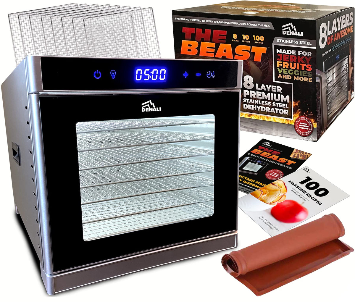 The Beast By Denali | 8 Layer Stainless Steel Food Dehydrator | 100 Recipes & Full Instructions | Jerky, Fruit Leather, Veggies 
