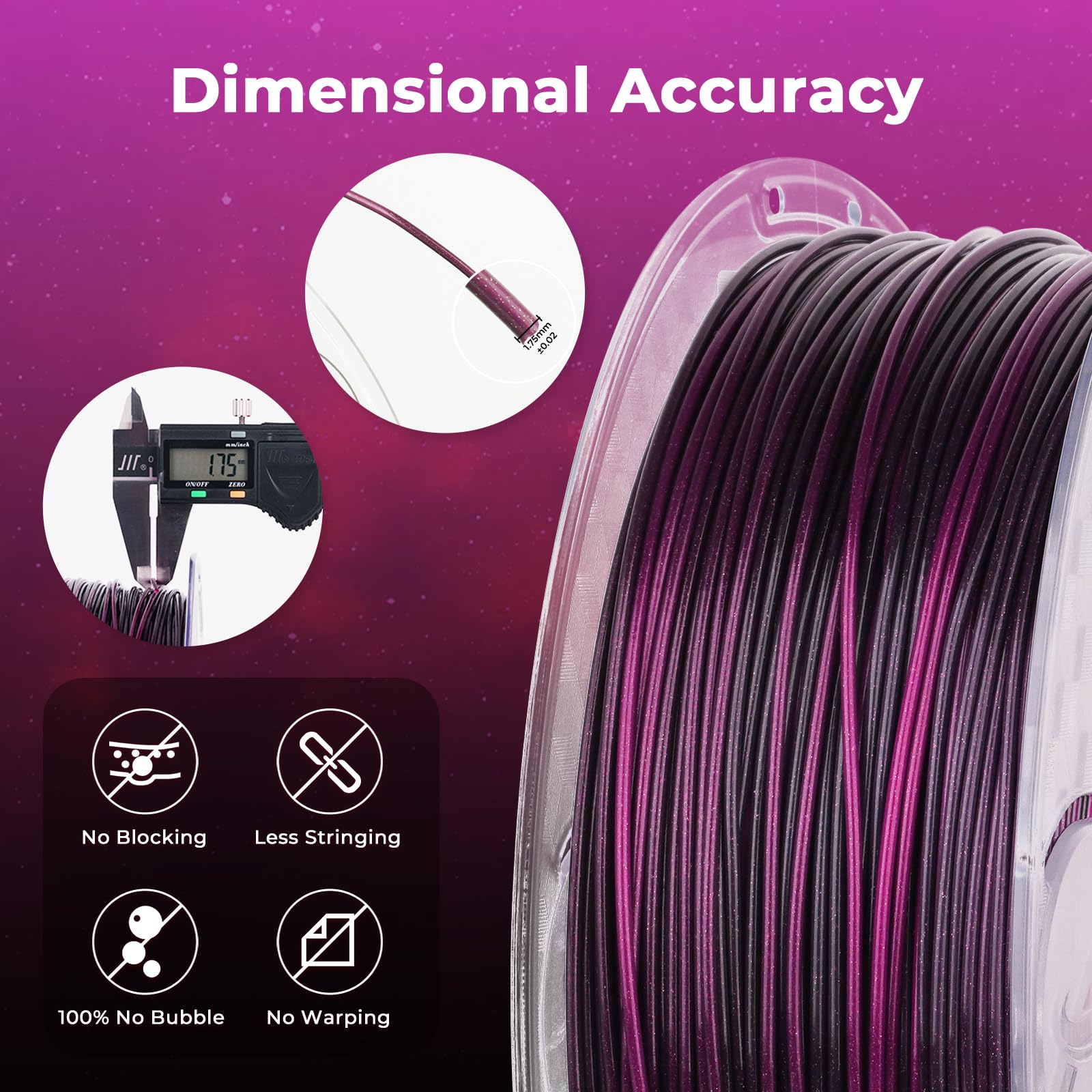 Amolen Pla 3D Printing Filament, Pla Filament 1.75Mm Silk Shiny Filament Black Purple Red Fuchsia Filament, 3D Printer Gradient