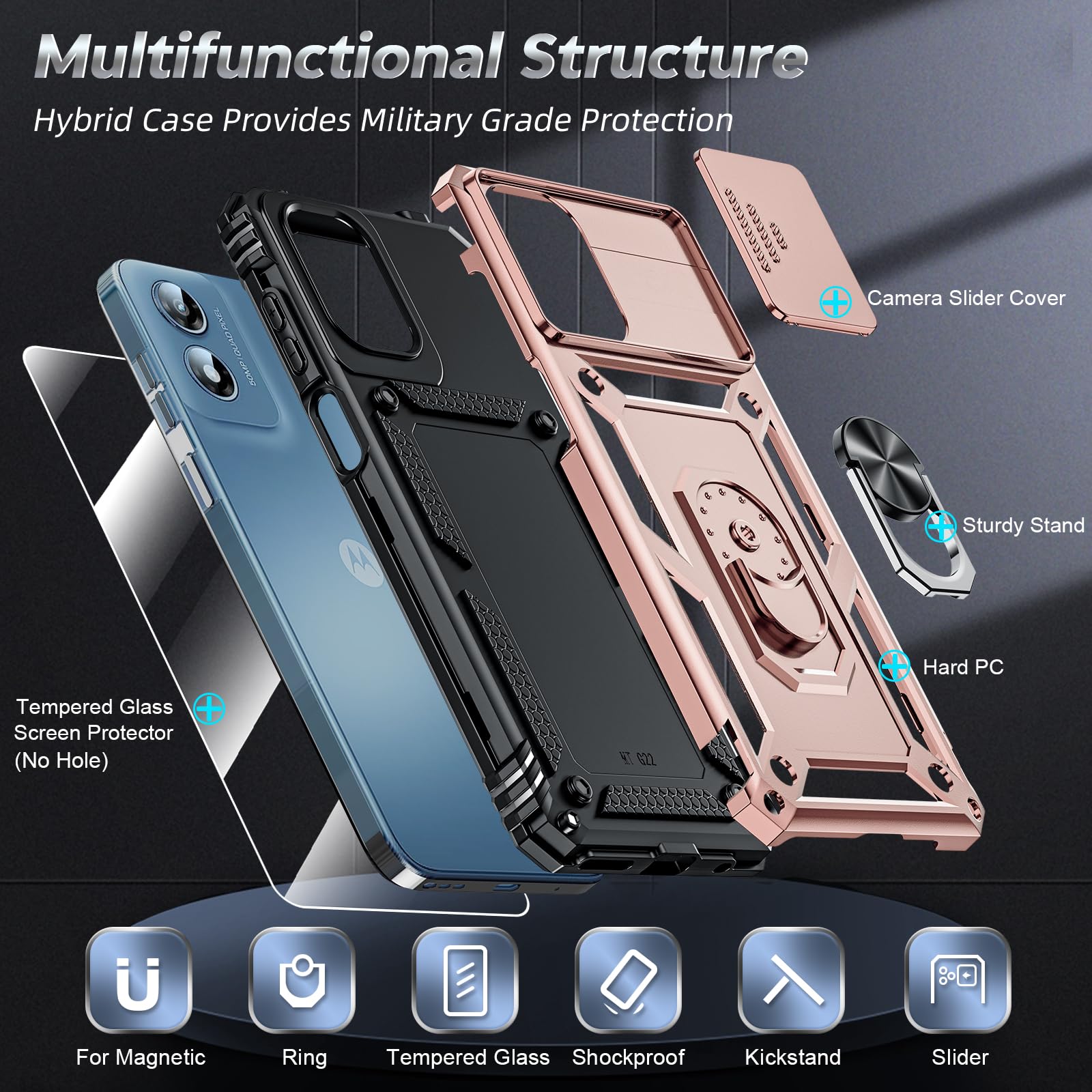 Leyi For Motorola G Play 4G Case, Moto G Play 4G Phone Case 2024 With Slide Camera Cover And Screen Protector, [Military Grade]