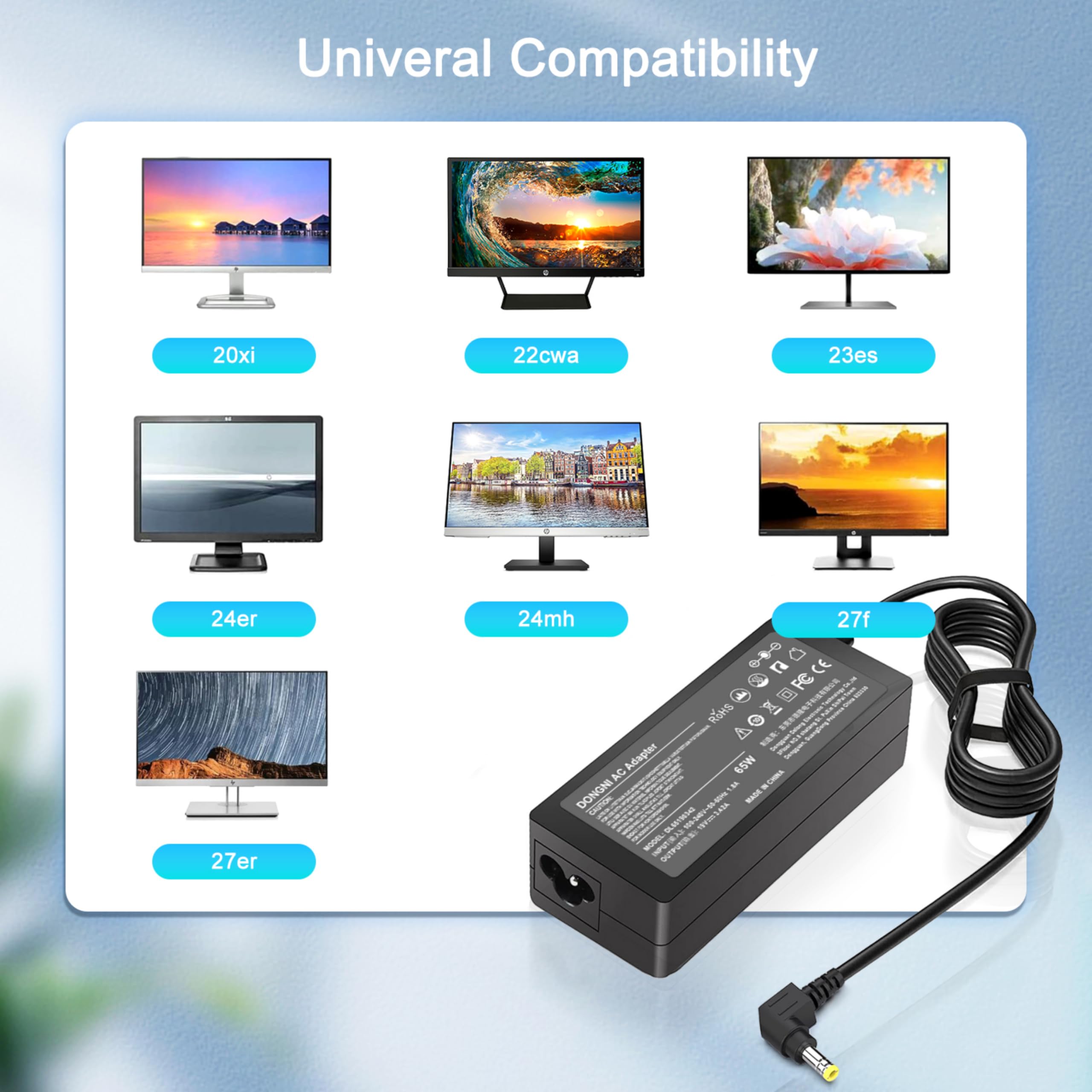 Dongni 19V Ac Adapter Power Cord For Hp Monitor 27'' 25'' 23.8'' 23'' 21.5'' 20'' 27F 27Er 27Es 23Es 24F 25Er 27Xi 27Bw 22Bw 23E