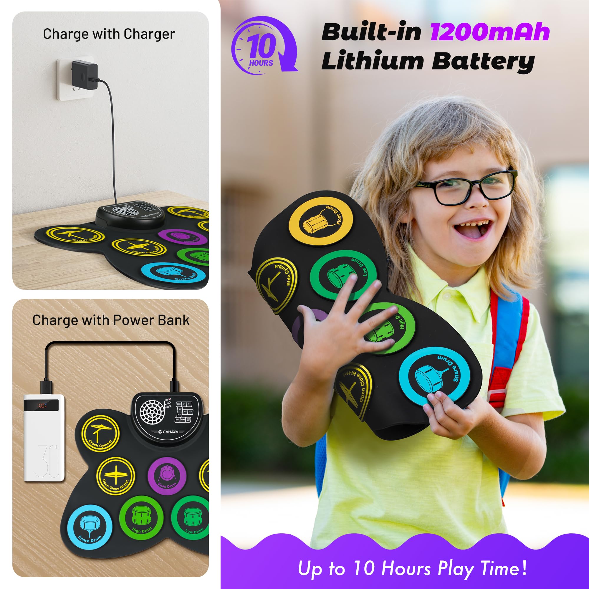 Cahaya Electronic Drum Pad Set: Foldable 9 Pad Practice Electronic Drum Pad Set With Integrated Speaker Foot Pedals And Drumstic