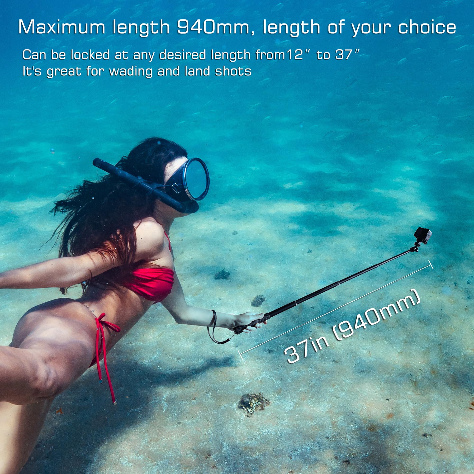 Gepuly 360Ballhead Waterproof Selfie Stick With Tripod Stand Phone Holder- Underwater Selfie Stick Pole - For Gopro Hero 13 12 1