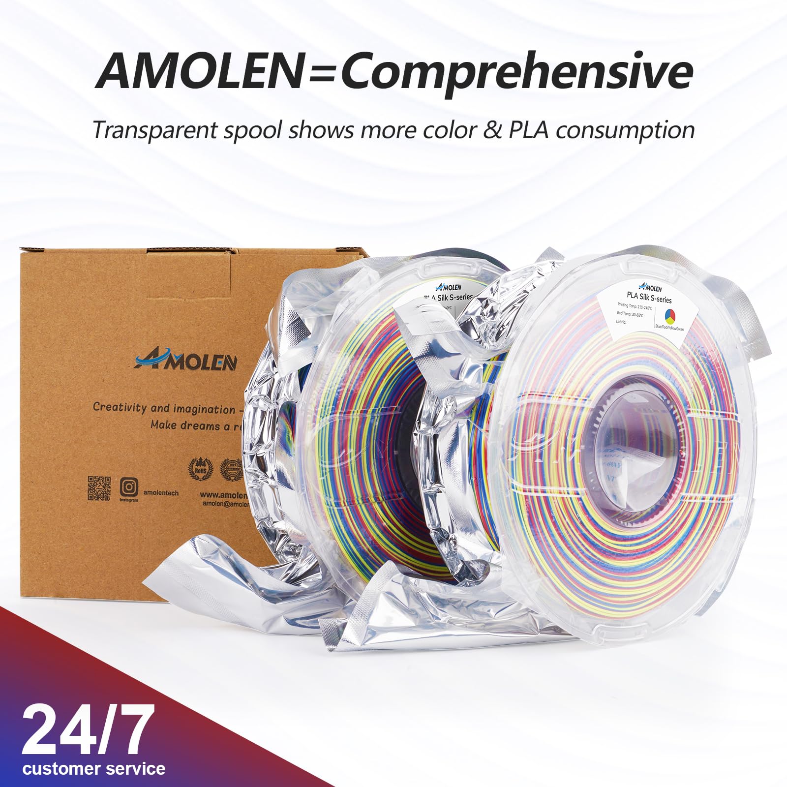 Amolen Silk Pla 3D Printer Filament Bundle, Pla Filament 1.75Mm Shiny Multicolor Rainbow Pack, Fast Color Change 3D Printing Fil