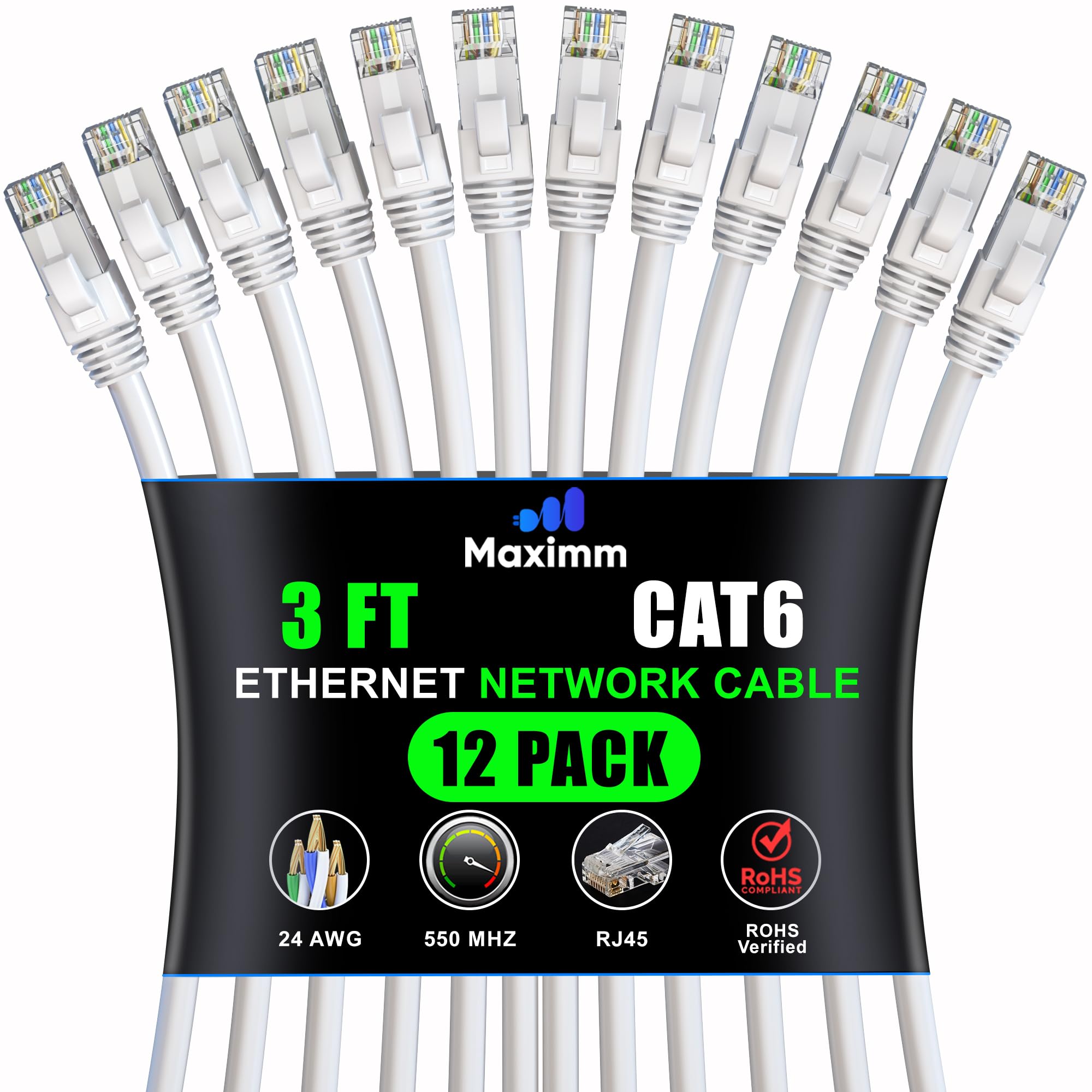 Maximm Cat 6 Ethernet Cable 3 Ft (12 Pack)   High Speed Lan Cable, Internet Cable, Patch Cable, And Network Cable   Utp, 10Gbps, 550Mhz Ethernet Cord   White