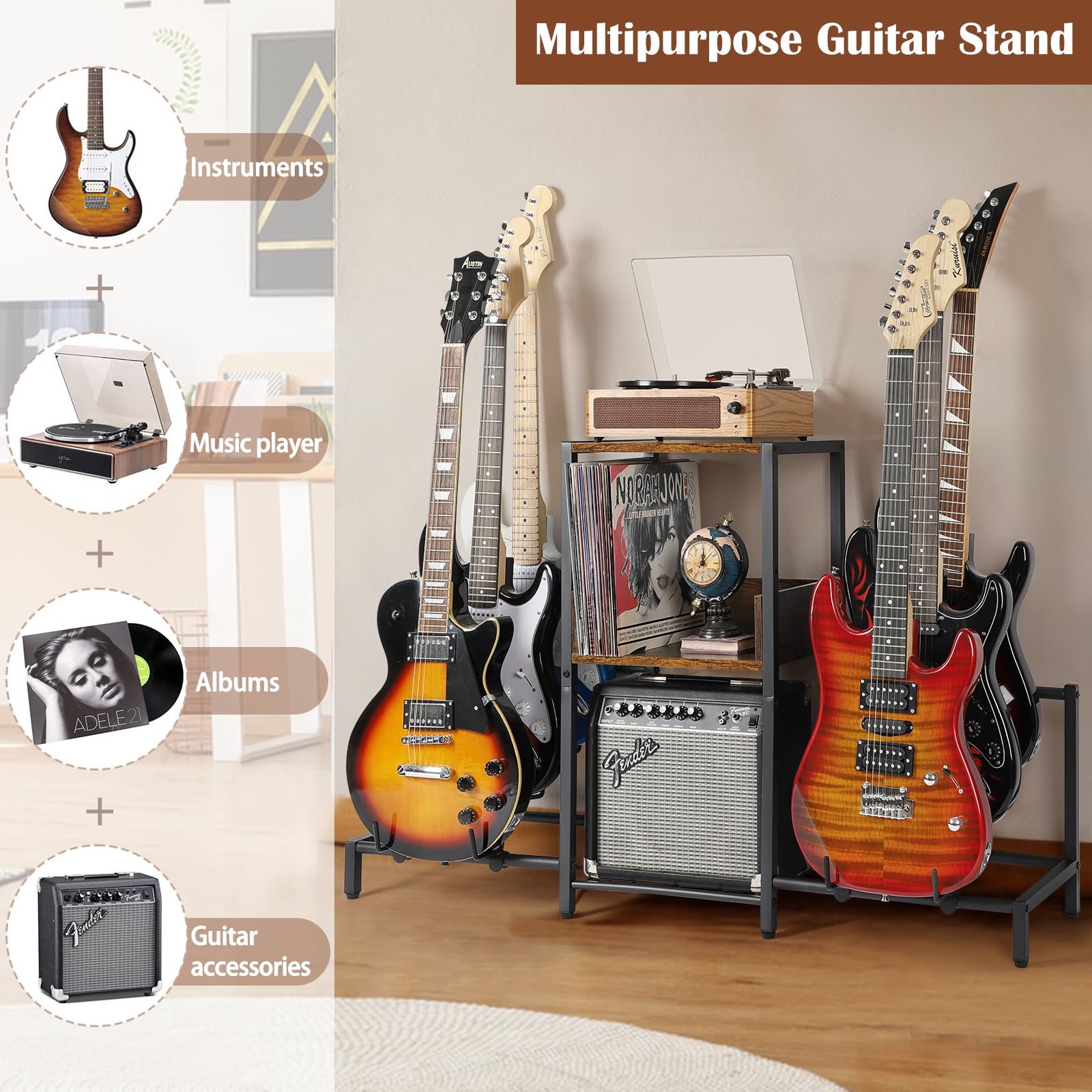 Bikoney 6 Guitar Stand, Guitar Rack For Electric Guitar And Bass, Guitar Stands Floor For Multiple Guitars, Multi Guitar Stand W