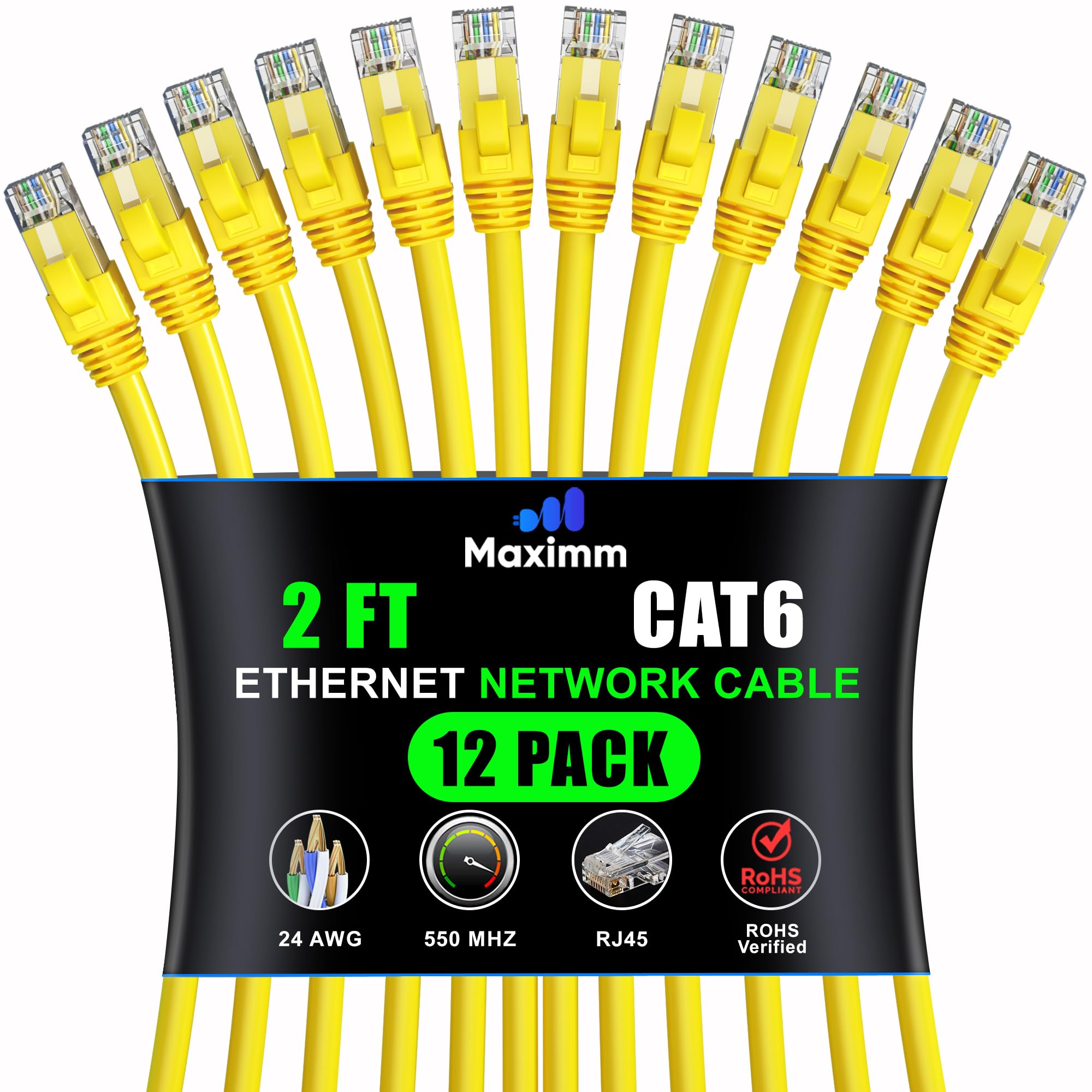 Maximm Cat 6 Ethernet Cable 2 Ft (12 Pack)   High Speed Lan Cable, Internet Cable, Patch Cable, And Network Cable   Utp, 10Gbps, 550Mhz Ethernet Cord   Yellow