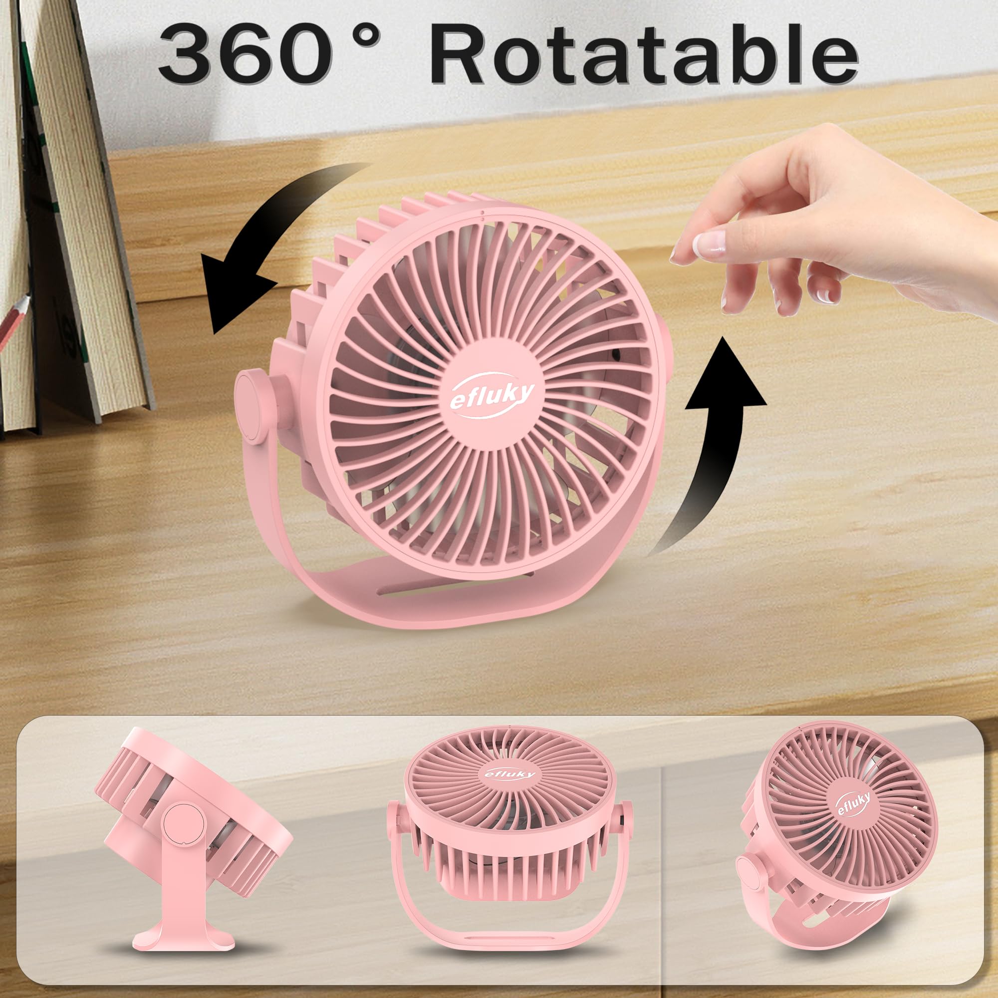 Efluky Usb Small Desk Fan, 3 Speeds Usb Rechargeable Fan Built In Battery, 360 Adjustment Portable Mini Fan Suitable For Home, O