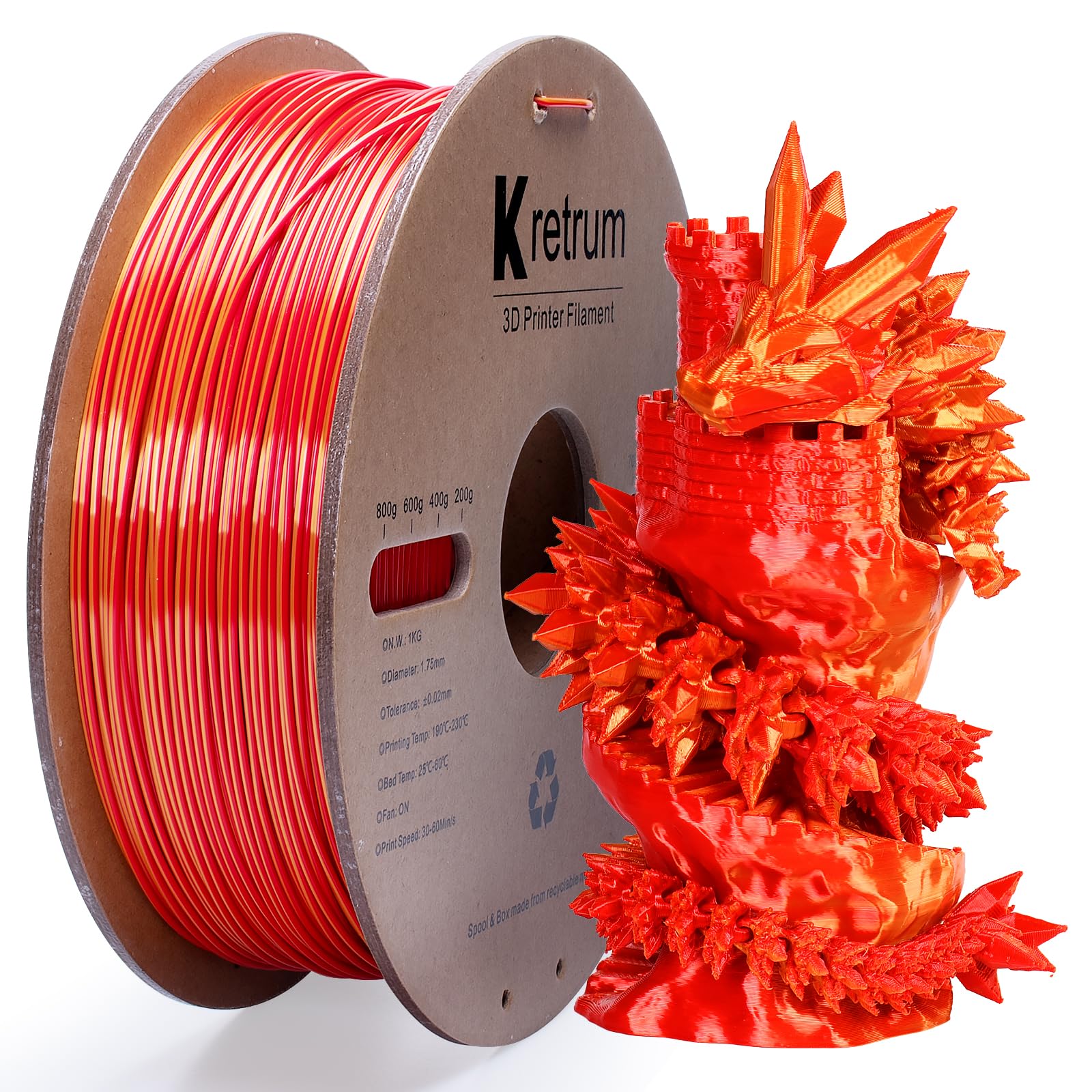 Kretrum Silk PLA Dual Color 3D Printer Filament Color Changing 1.75mm Silk PLA Printer Filament 1.75mm Multicolor 1kg /2.2lbs Sp