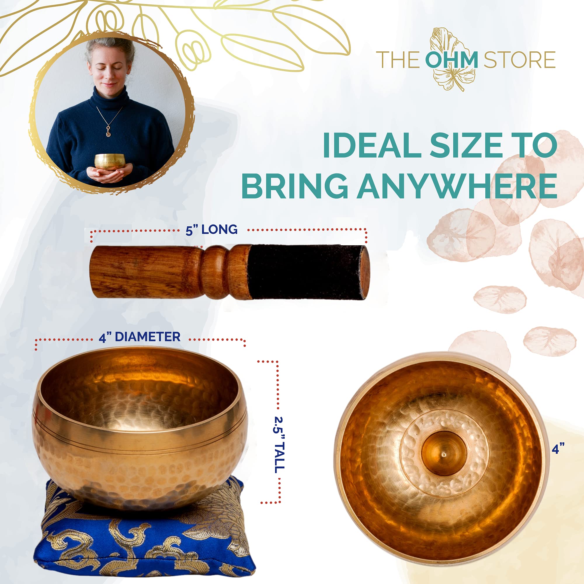 Tibetan Singing Bowl Set By Ohm Store   Hand Hammered Lingam Meditation Sound Bowl   Yoga, Chakra Balancing, Mindfulness, Stress