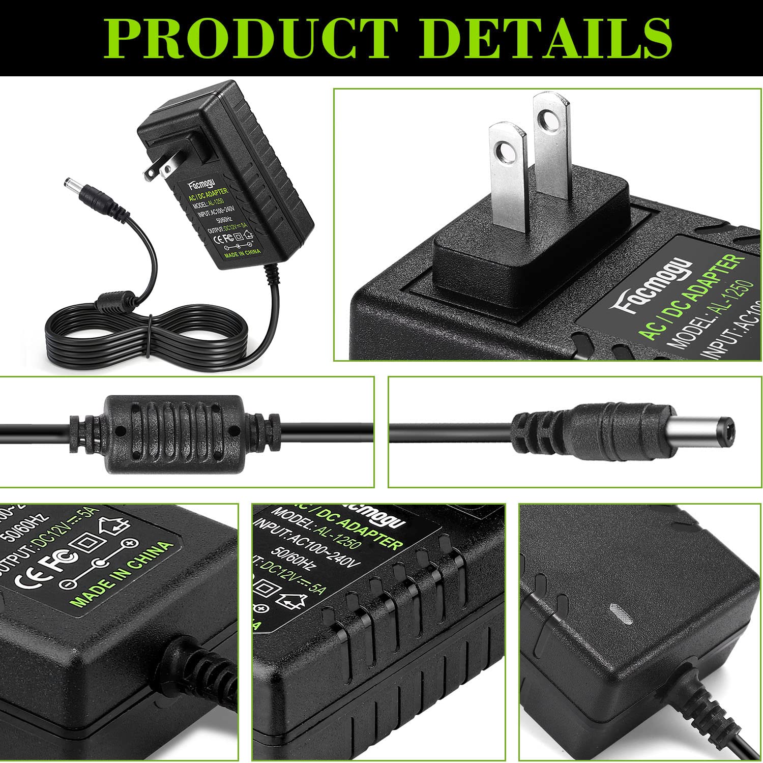 Facmogu 12V 5A Power Supply Adapter, Wall Adapter With 150Cm/ 4.92 Feet Long Cable, Wall Plug Transformers Ac 100 240V To Dc 12V Converter Available 5.5Mm X 2.5Mm & 2.1Mm Output Jack For Cctv