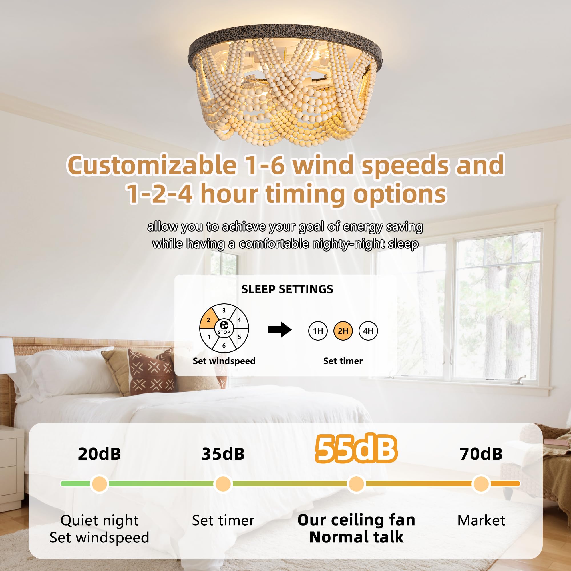 20 Boho Ceiling Fan With Light, Bohemian Caged Ceiling Fan With Lights And Remote Control, Wood Beaded Flush Mount With Reversib