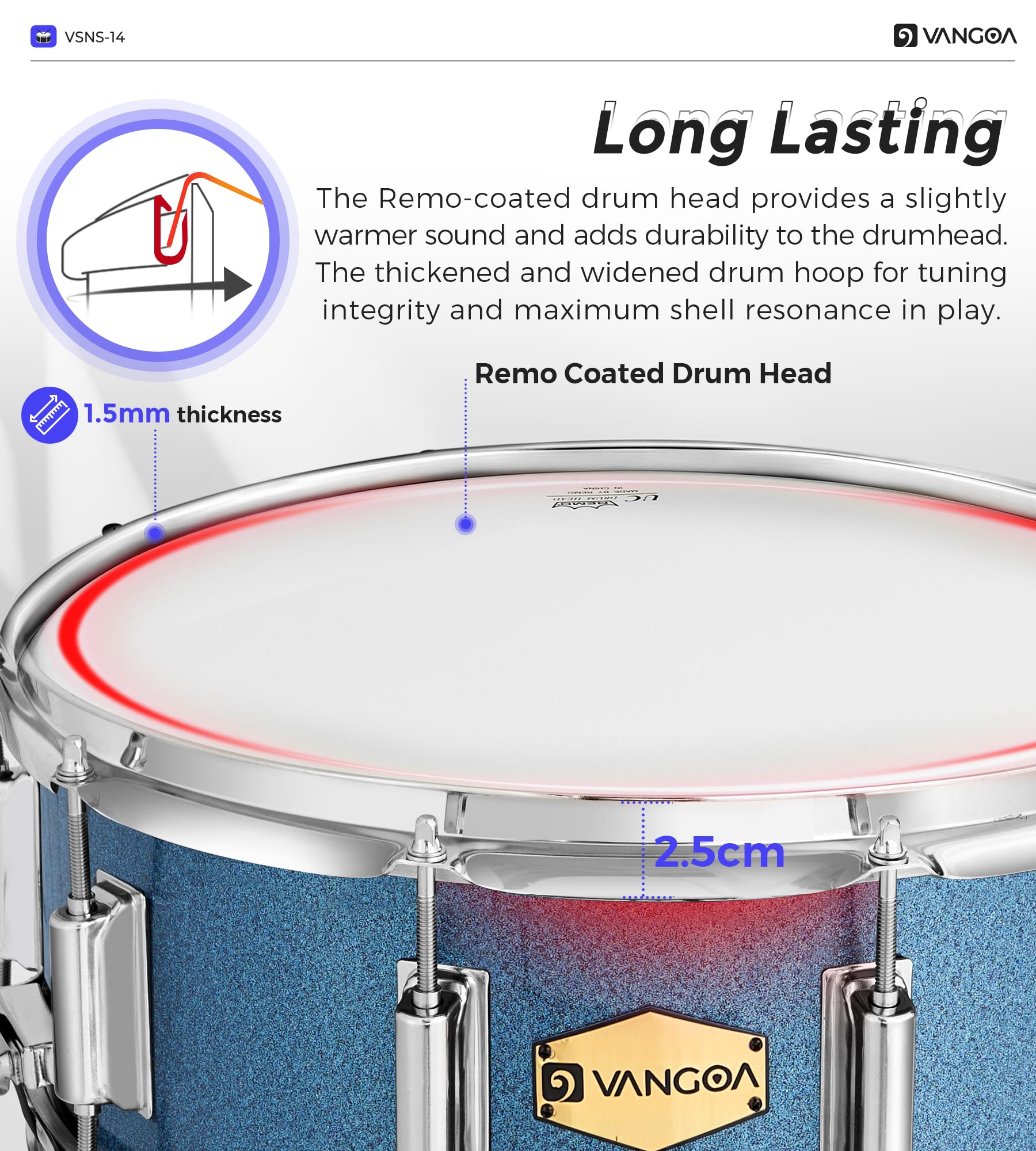 Vangoa Snare Drum Kit With Remo Head 14 X 5.5 Student Marching School Band Beginner Practice Snare Drum With Stand, Drumstick Ho