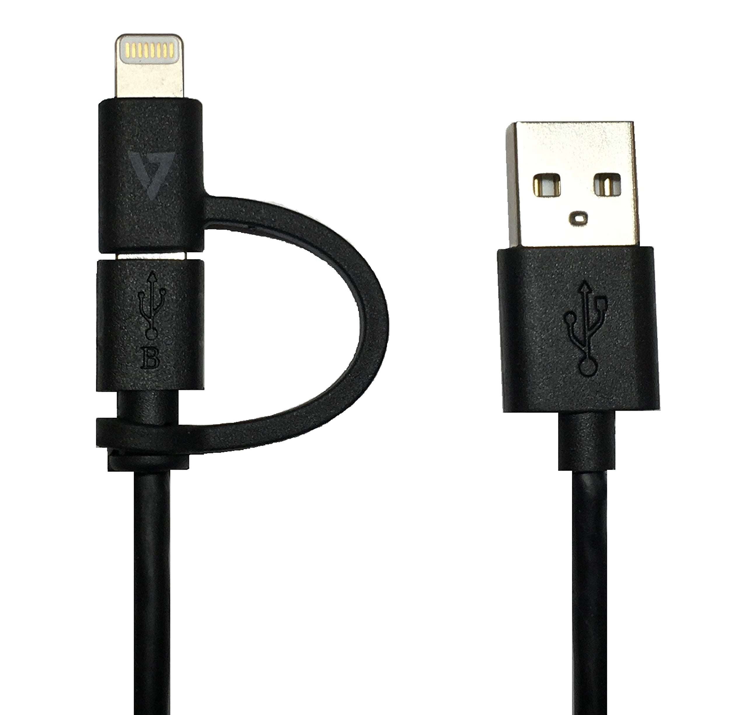 V7 3ft 2-in-1 Combo Lightning/Micro USB Cable for Notebooks, Tablets, Smartphones, iPhone, iPod, iPad - Black - LTMCUSB1M-BLK-2N