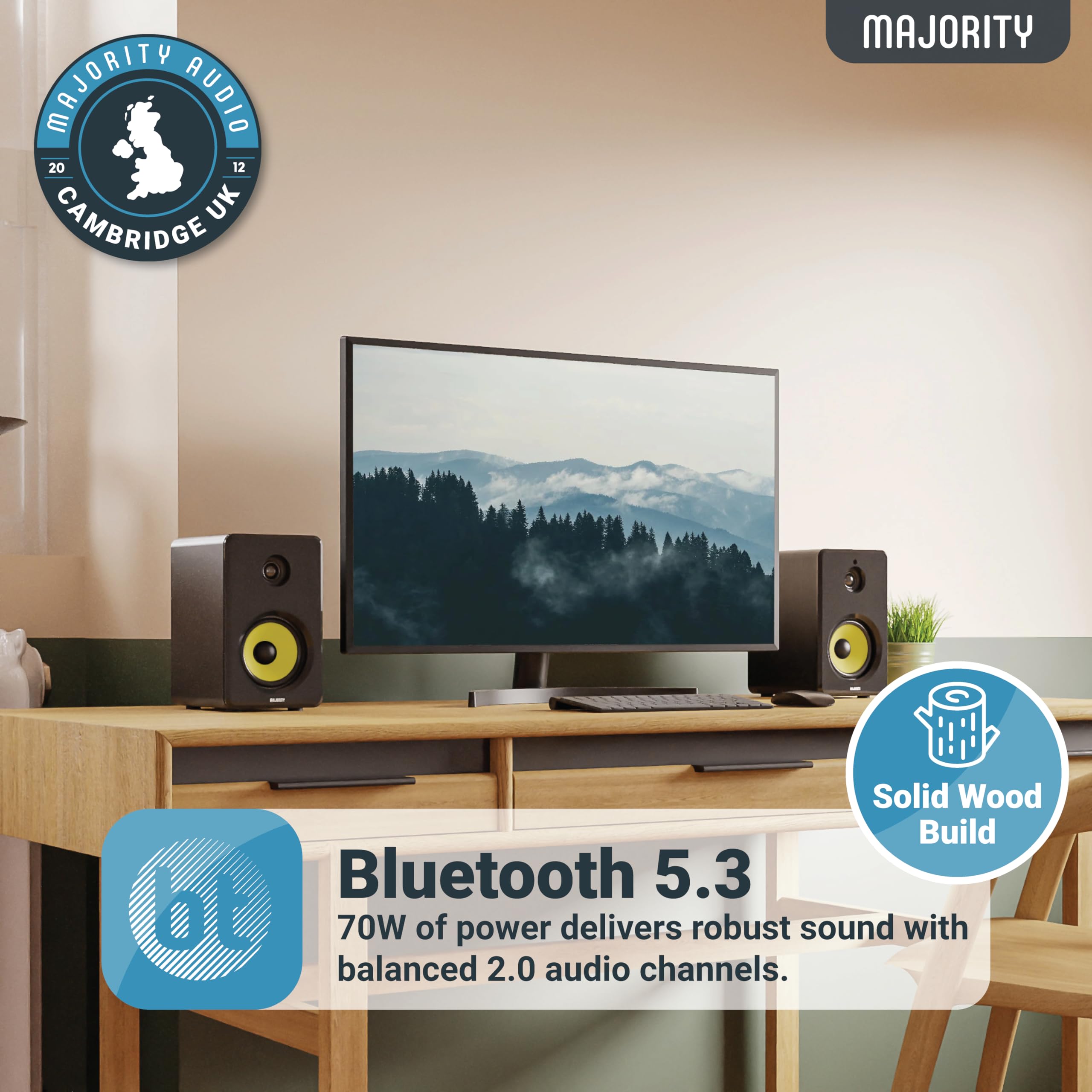 Majority Bluetooth Active Bookshelf Speakers With 70 Watts Power | Hi Fi Powered Speakers, Kevlar Yellow Speaker Cone And Wooden