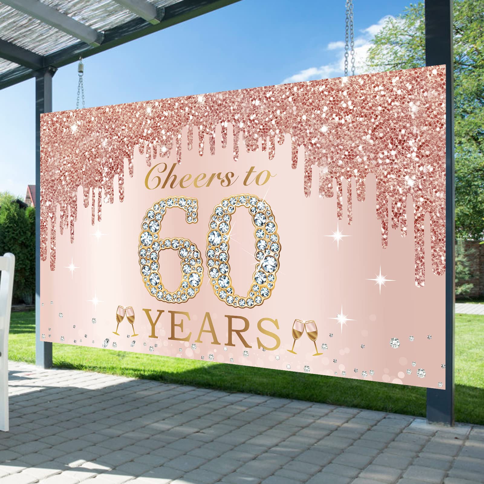 Large Cheers To 60 Years Birthday Decorations For Women, Pink Rose Gold Happy 60Th Birthday Banner Backdrop Party Supplies, Sixt
