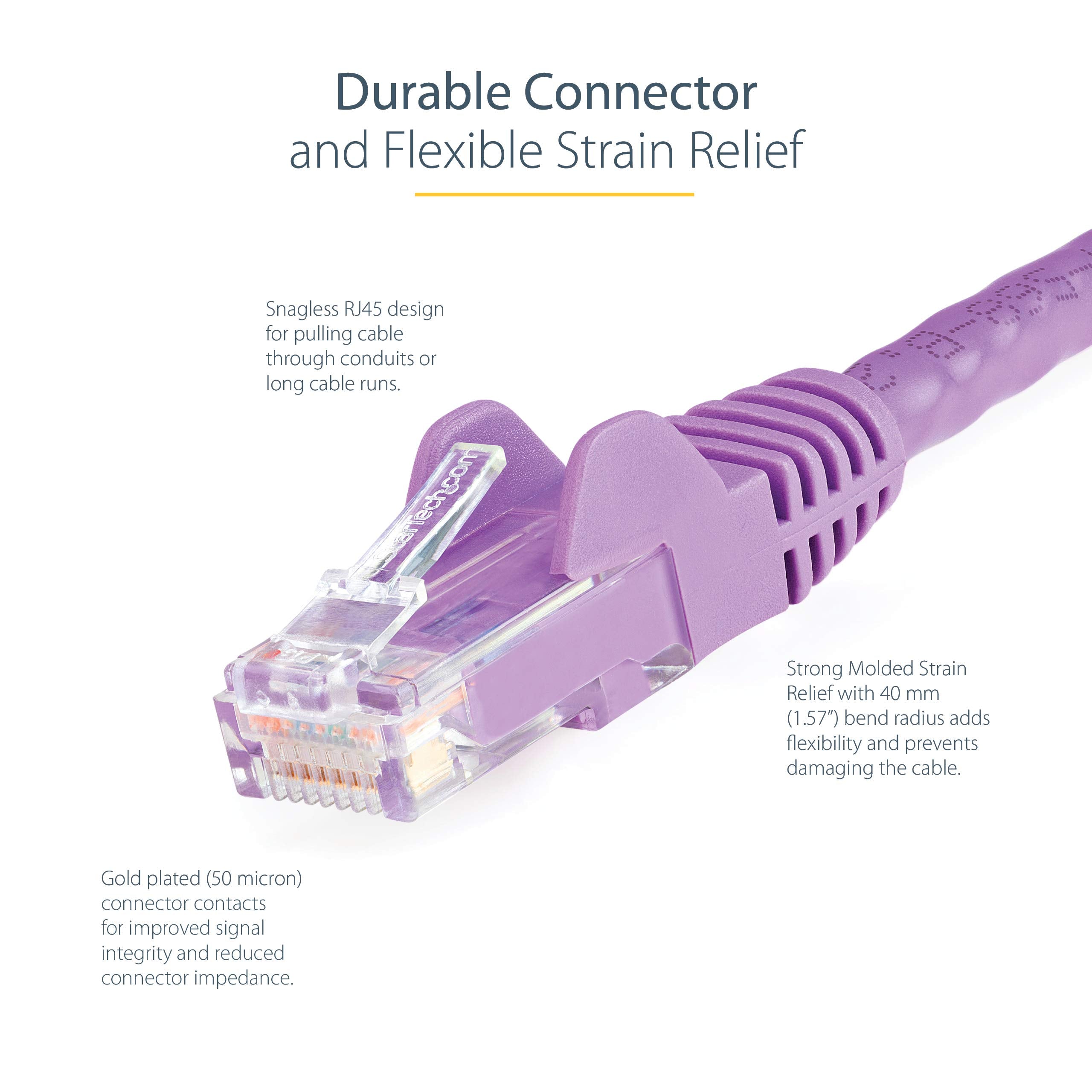 StarTech.com 12ft CAT6 Ethernet Cable   Purple CAT 6 Gigabit Ethernet Wire  650MHz 100W PoE RJ45 UTP Network/Patch Cord Snagless w/Strain Relief Fluke Tested/Wiring is UL Certified/TIA (N6PATCH12PL)